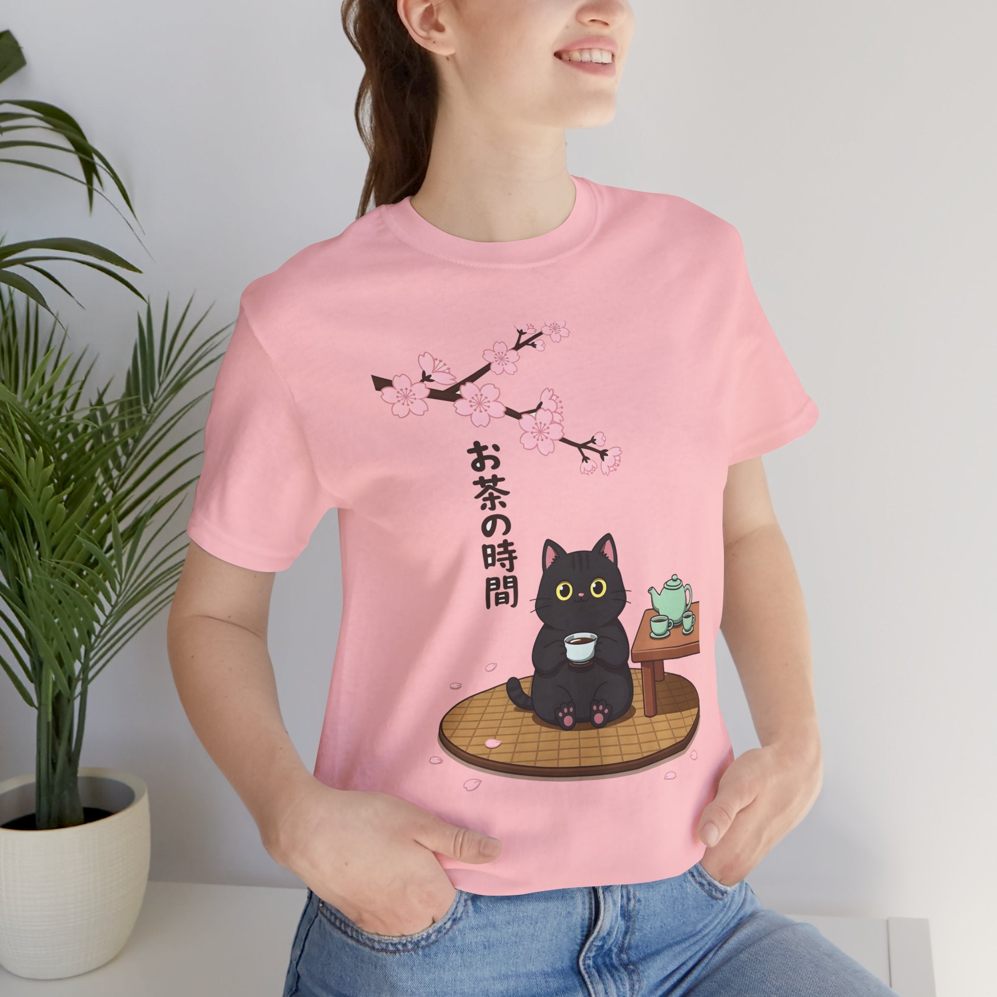 Cat Tea Time T-Shirt — Kawaii Black Cat with Sakura and Teapot