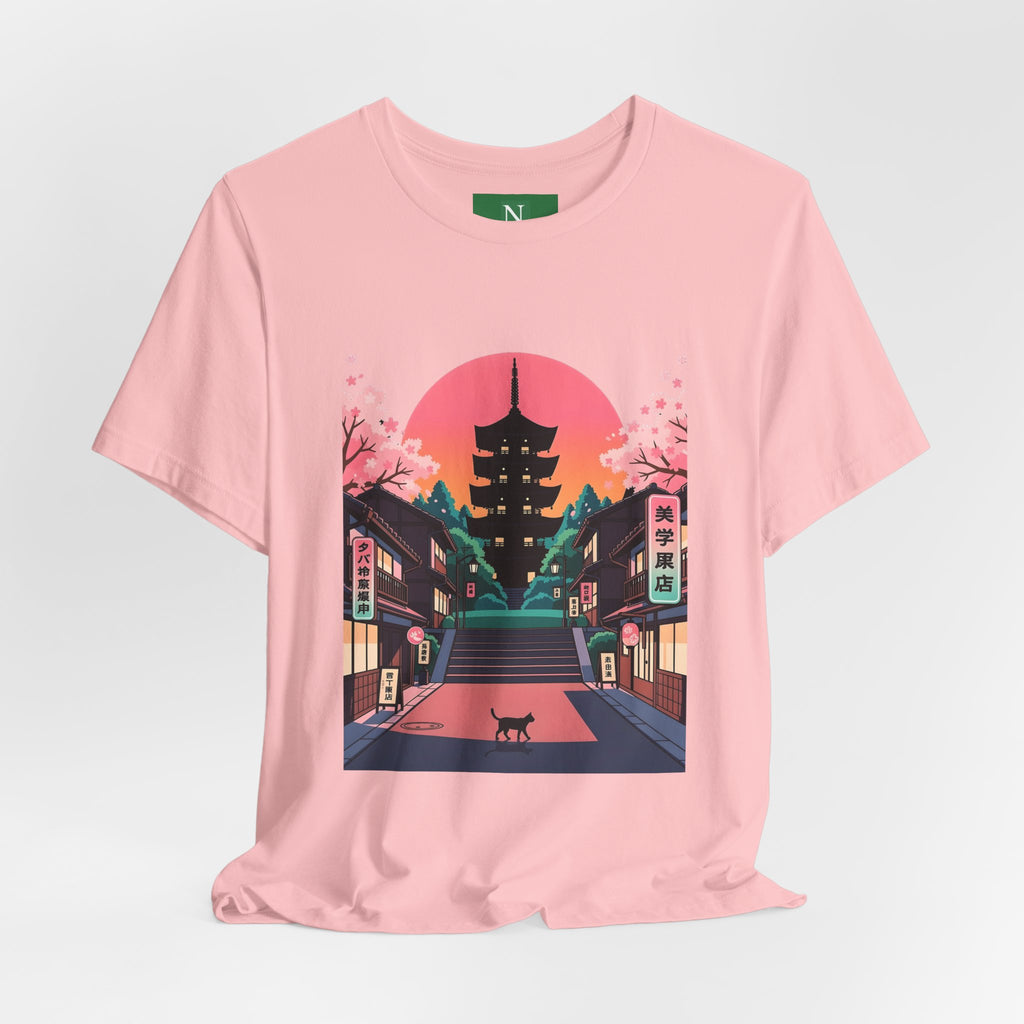 Japanese Pagoda Sunset Tee — Sakura Street Cat Graphic T-Shirt