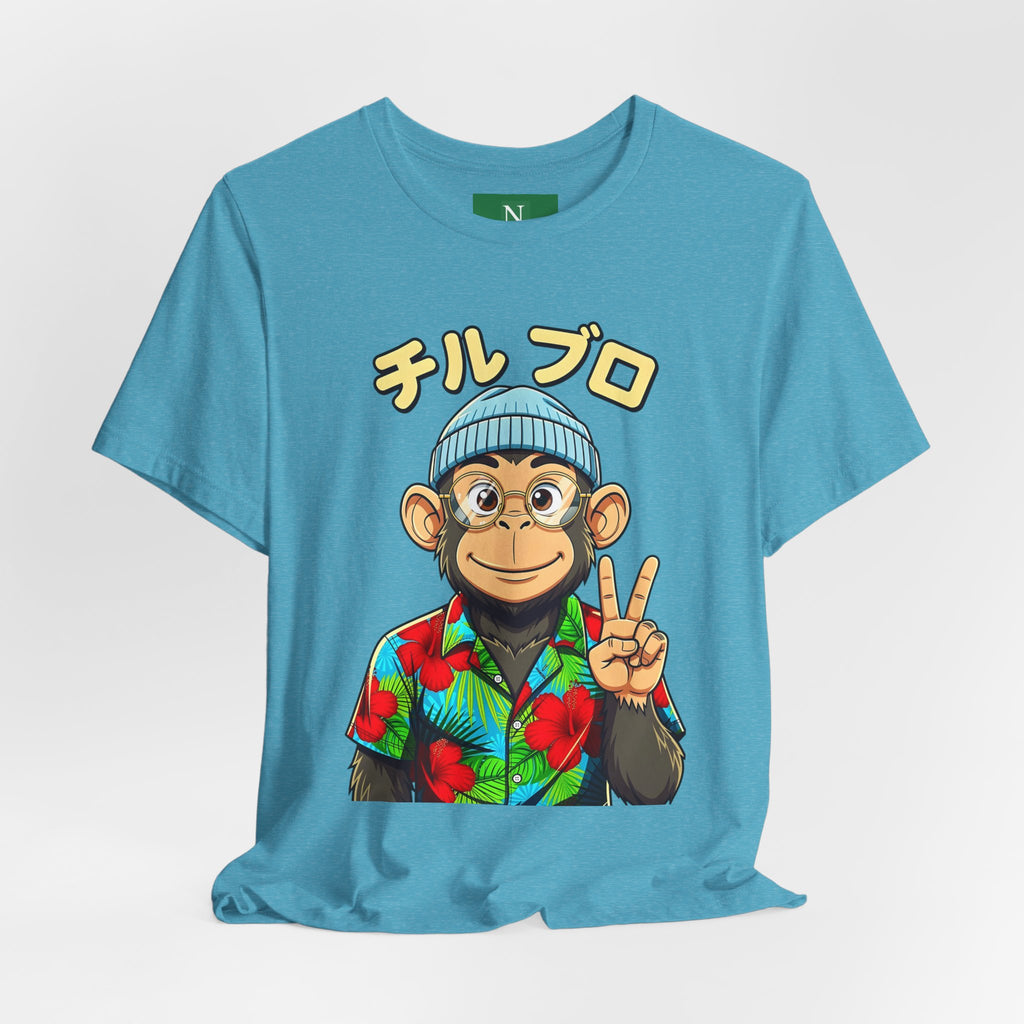 Monkey Peace Sign Tee — Hawaiian Shirt Chimp Graphic with Japanese Text