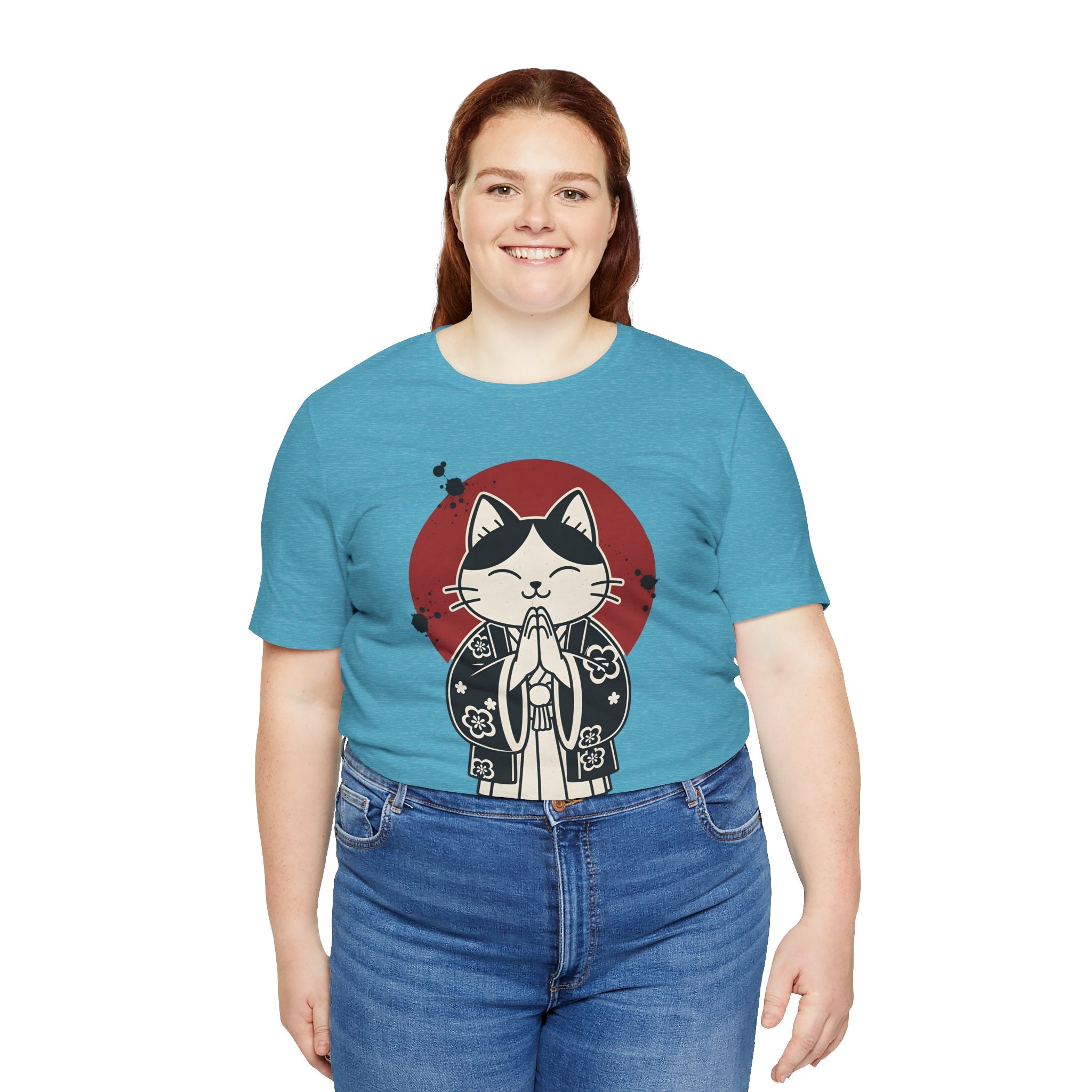 Samurai Cat T‑Shirt — Cute Praying Cat with Red Sun Graphic