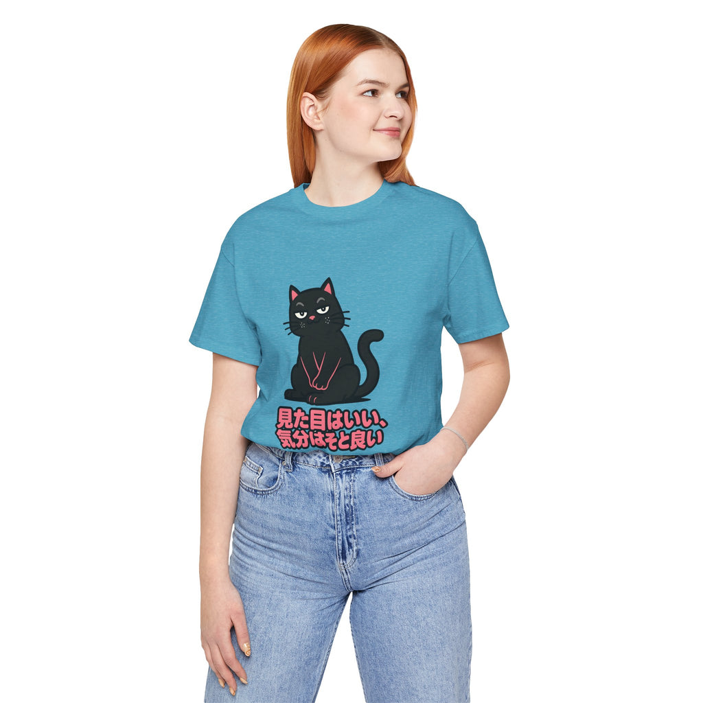 Black Cat Tee with Japanese Text — 'Mita Me wa Ii, Kimochi wa Sore Ijo' Cute Kawaii Graphic T-Shirt
