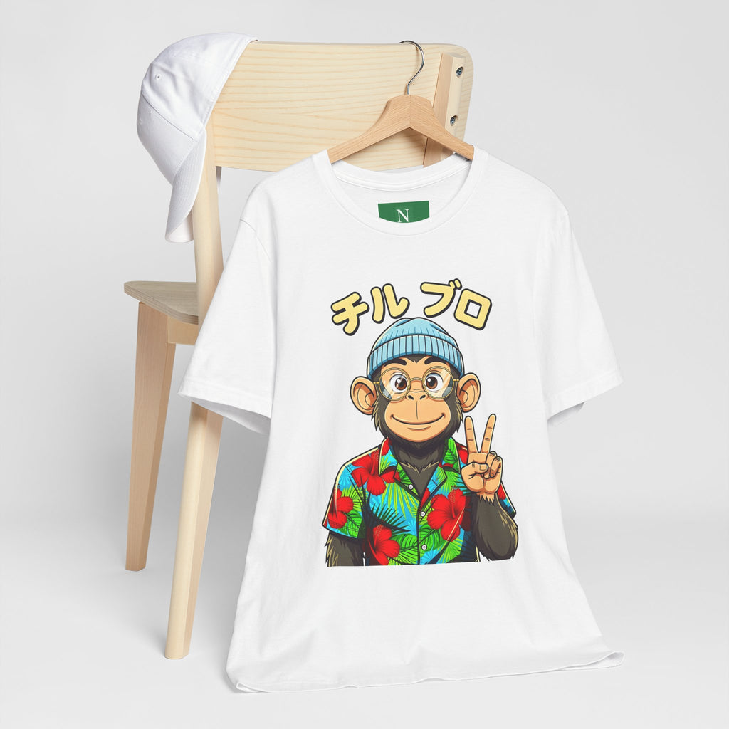 Monkey Peace Sign Tee — Hawaiian Shirt Chimp Graphic with Japanese Text