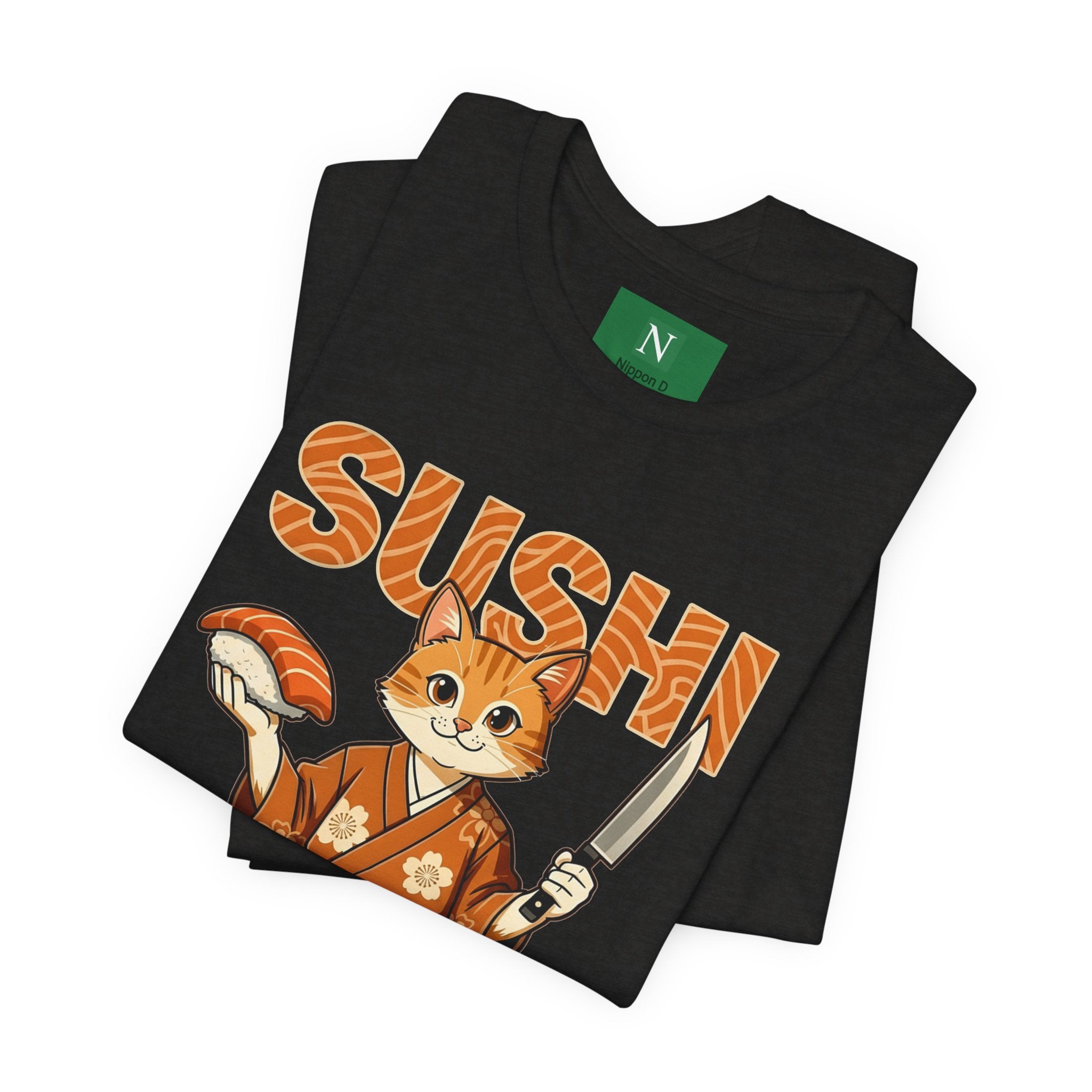 Sushi Cat Graphic Tee — Cute Samurai Cat Holding Sushi & Knife