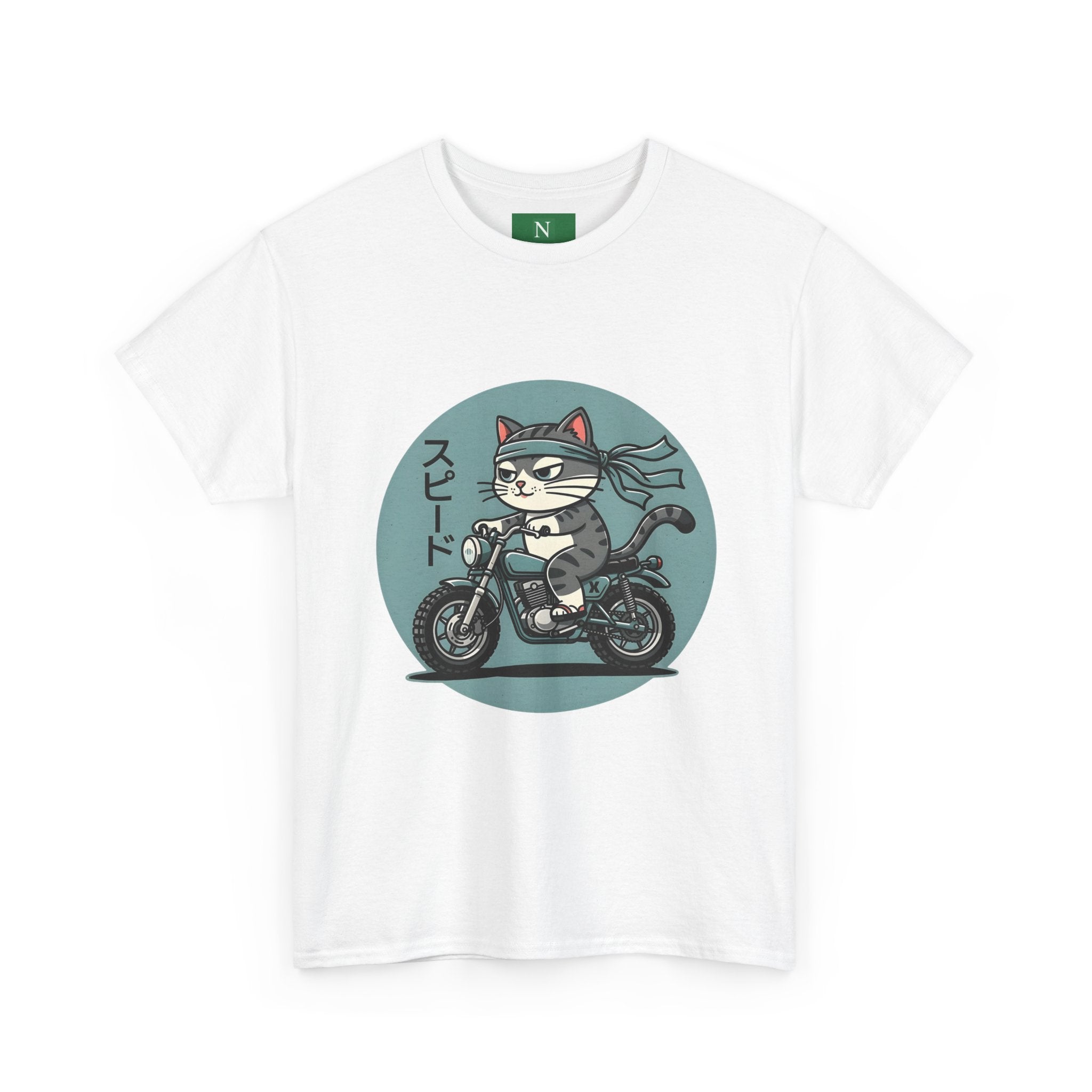Cat Biker T‑Shirt — Retro Motorcycle Cat with Japanese “Speed” Text