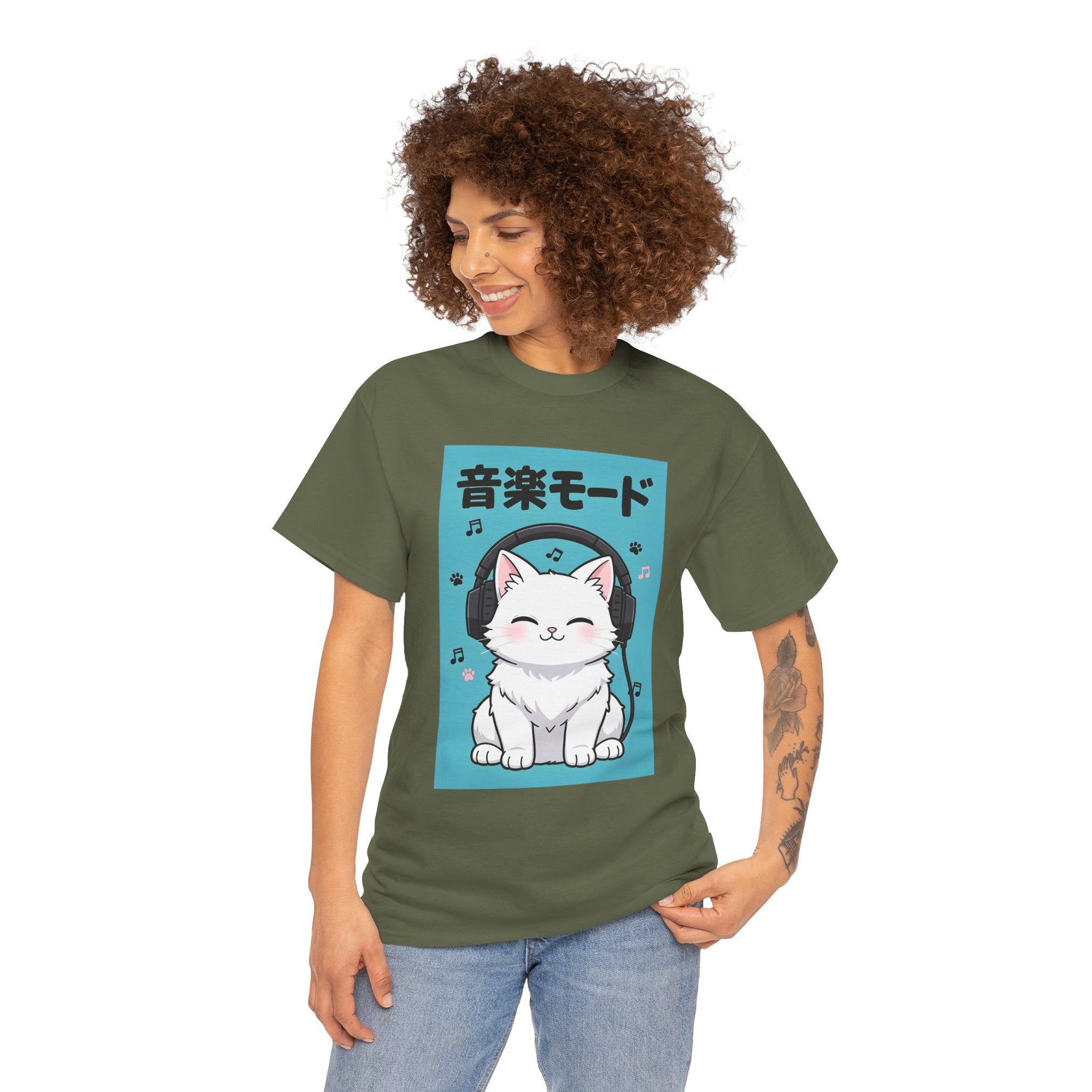 Music Mode Cat T-Shirt — Cute Headphone Kitten Tee (Japanese Text)