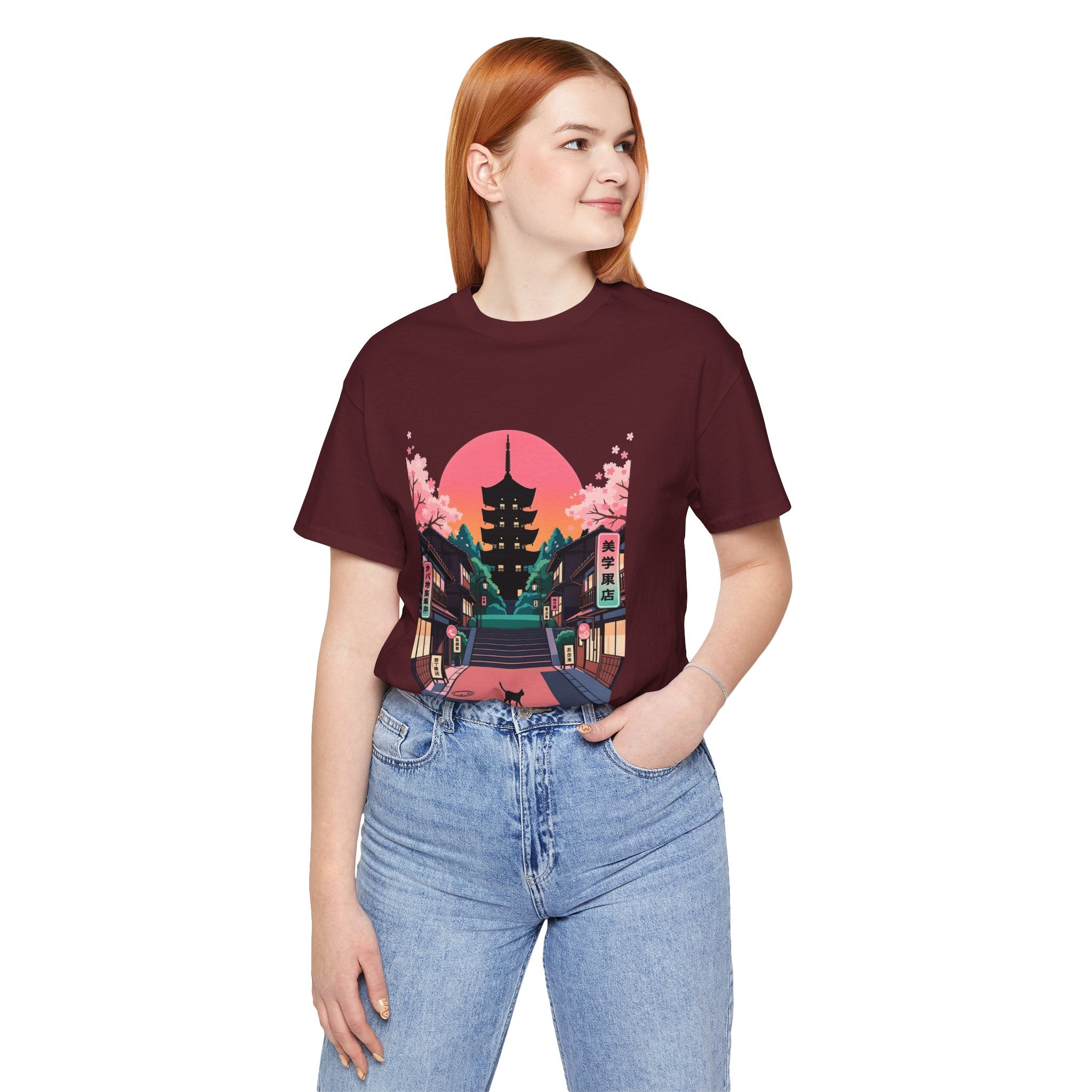 Japanese Pagoda Sunset Tee — Sakura Street Cat Graphic T-Shirt