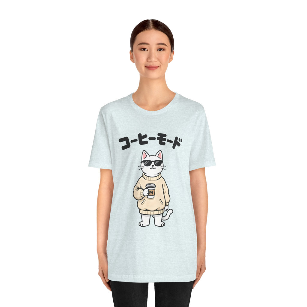 Coffee Mode Cat Tee — Cute Japanese Cat Holding Coffee T-Shirt