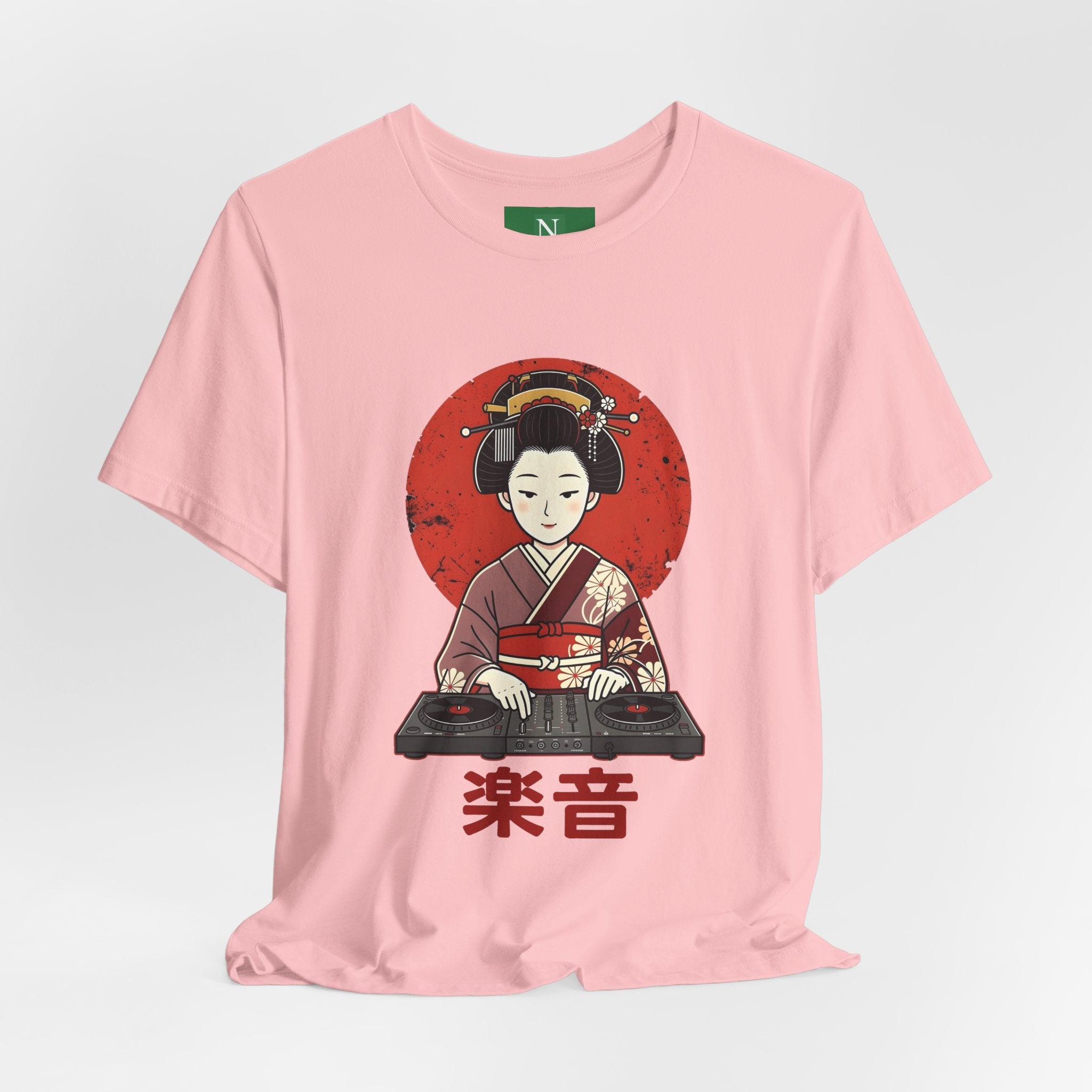 Geisha DJ T-Shirt — Japanese Vinyl Turntable Tee with '楽音' (Music) Design