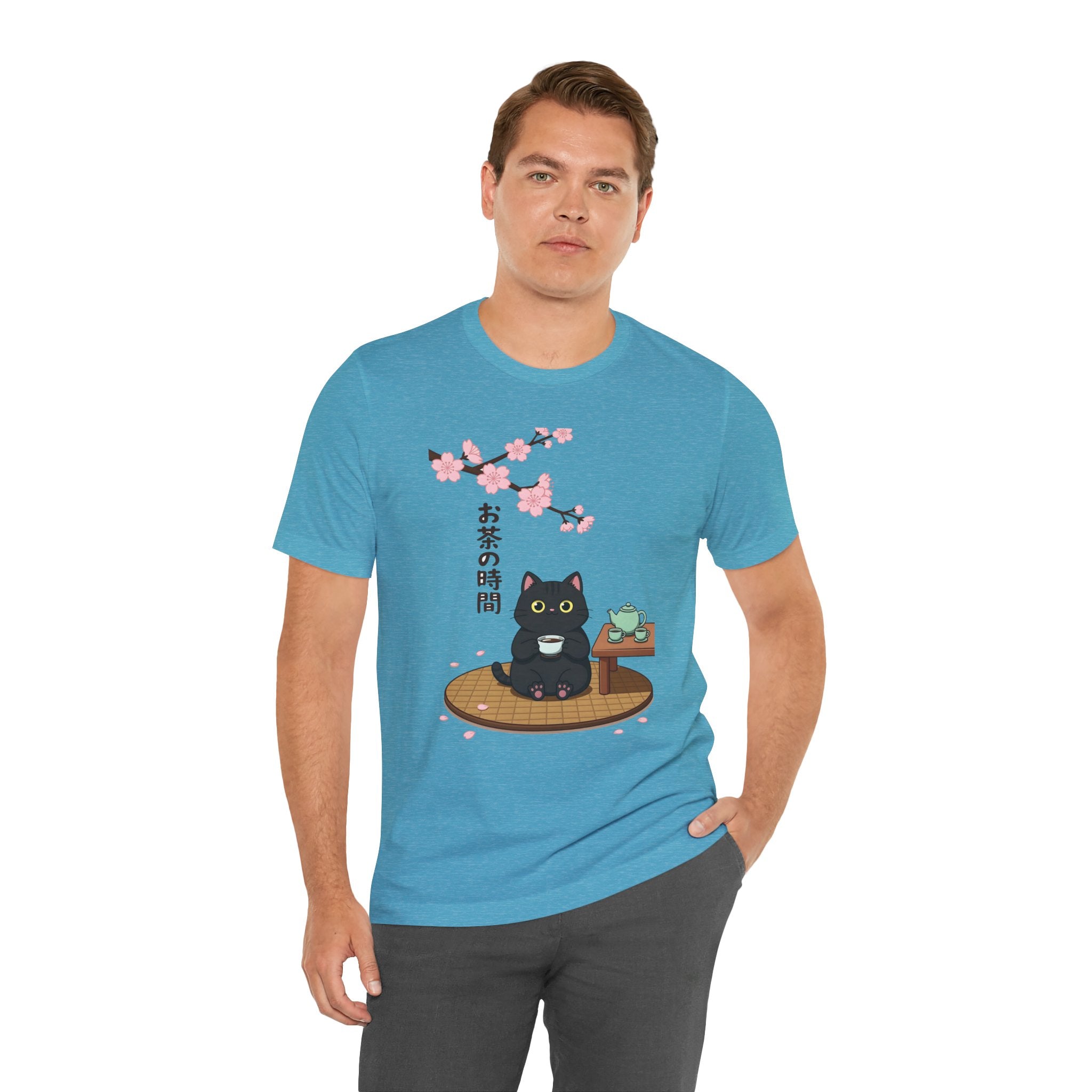 Cat Tea Time T-Shirt — Kawaii Black Cat with Sakura and Teapot