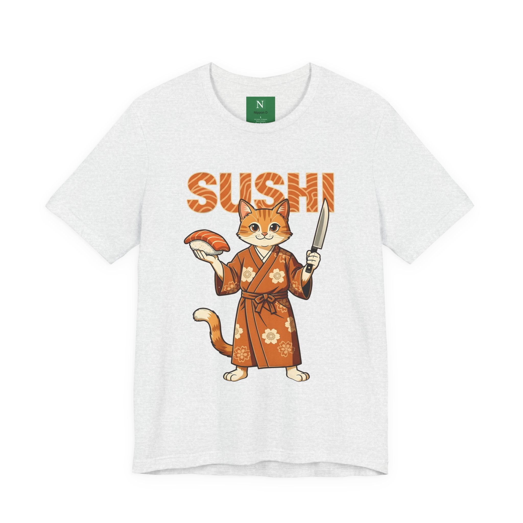 Sushi Cat Graphic Tee — Cute Samurai Cat Holding Sushi & Knife
