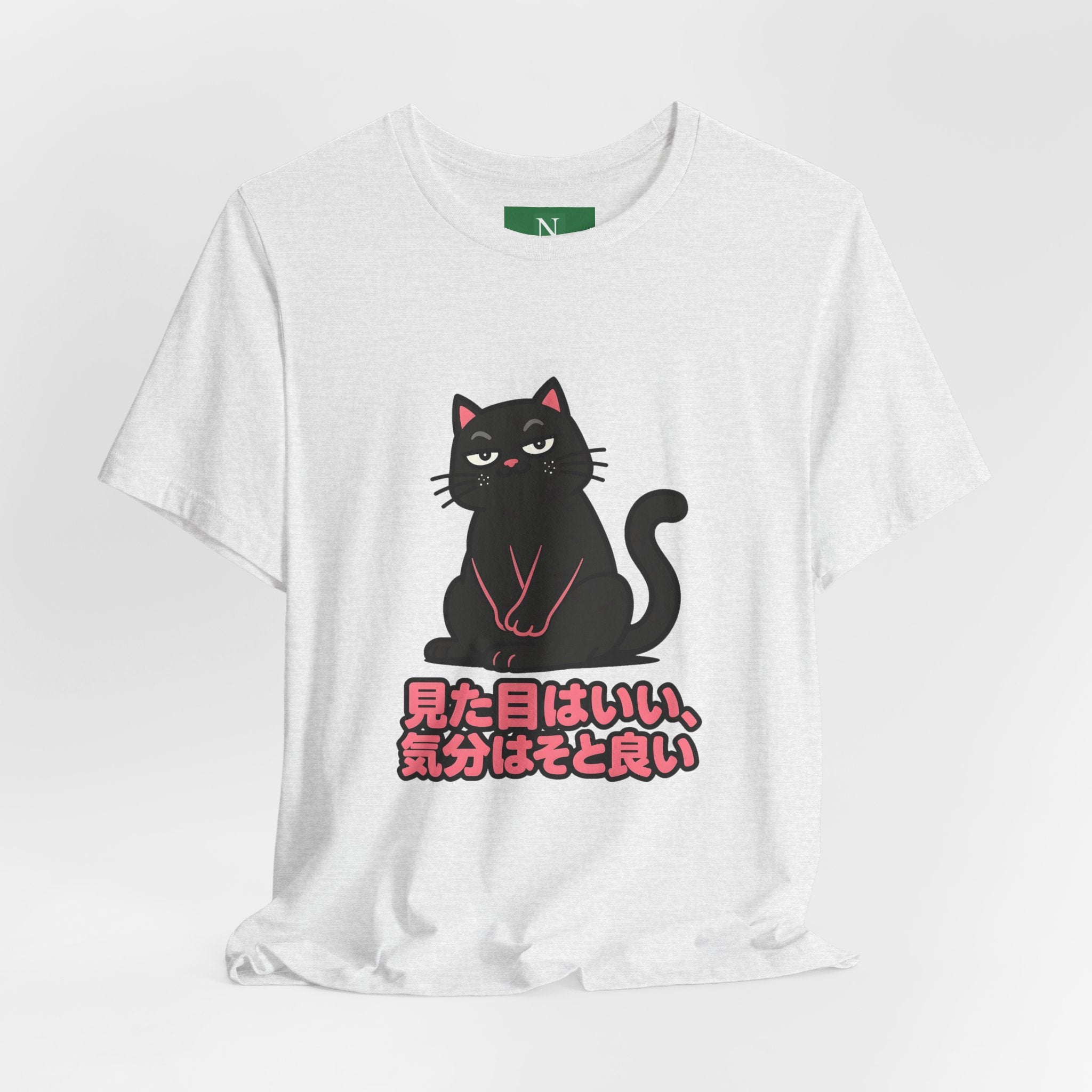 Black Cat Tee with Japanese Text — 'Mita Me wa Ii, Kimochi wa Sore Ijo' Cute Kawaii Graphic T-Shirt