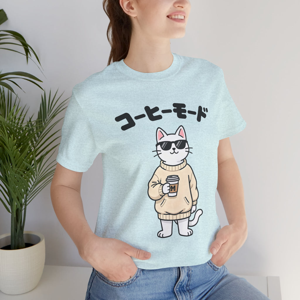 Coffee Mode Cat Tee — Cute Japanese Cat Holding Coffee T-Shirt