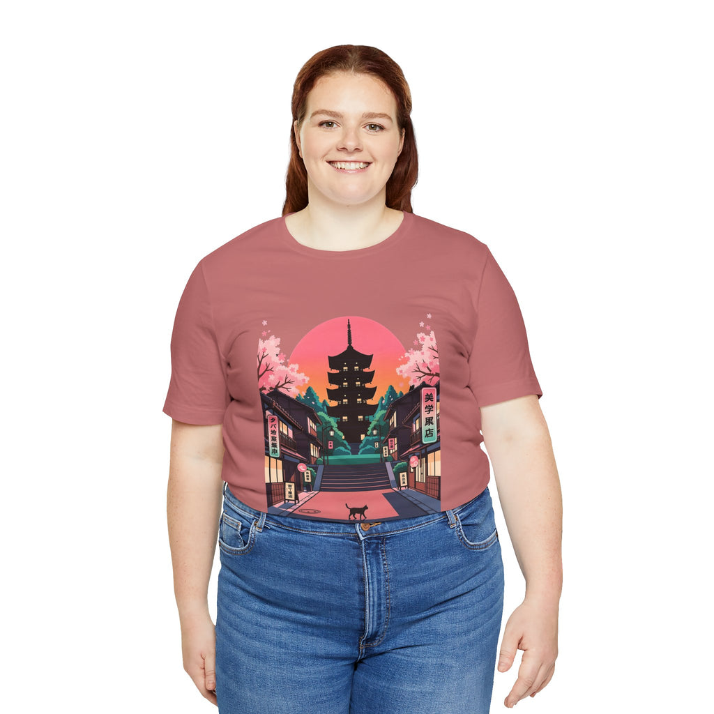 Japanese Pagoda Sunset Tee — Sakura Street Cat Graphic T-Shirt