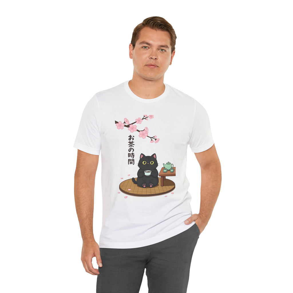 Cat Tea Time T-Shirt — Kawaii Black Cat with Sakura and Teapot