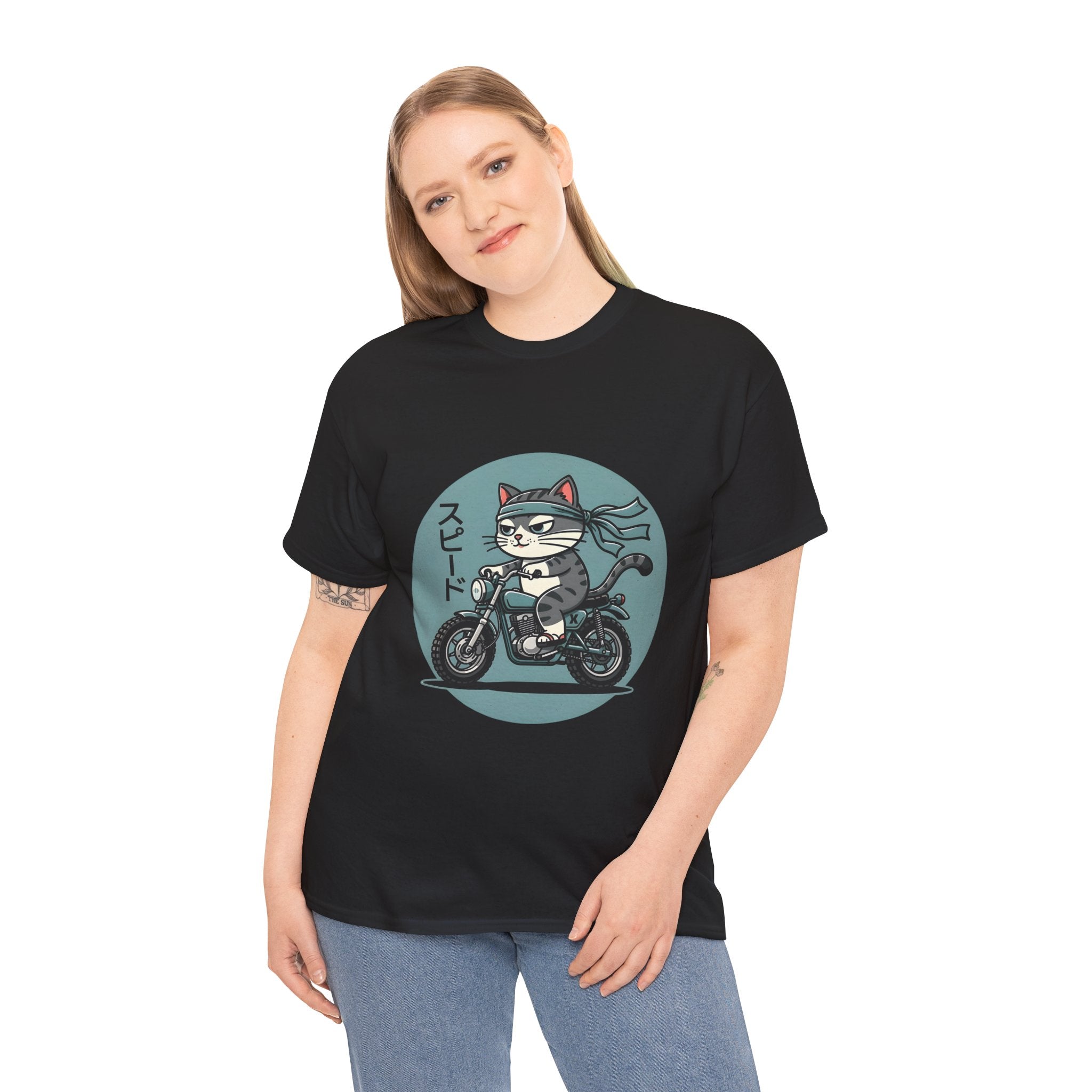 Cat Biker T‑Shirt — Retro Motorcycle Cat with Japanese “Speed” Text