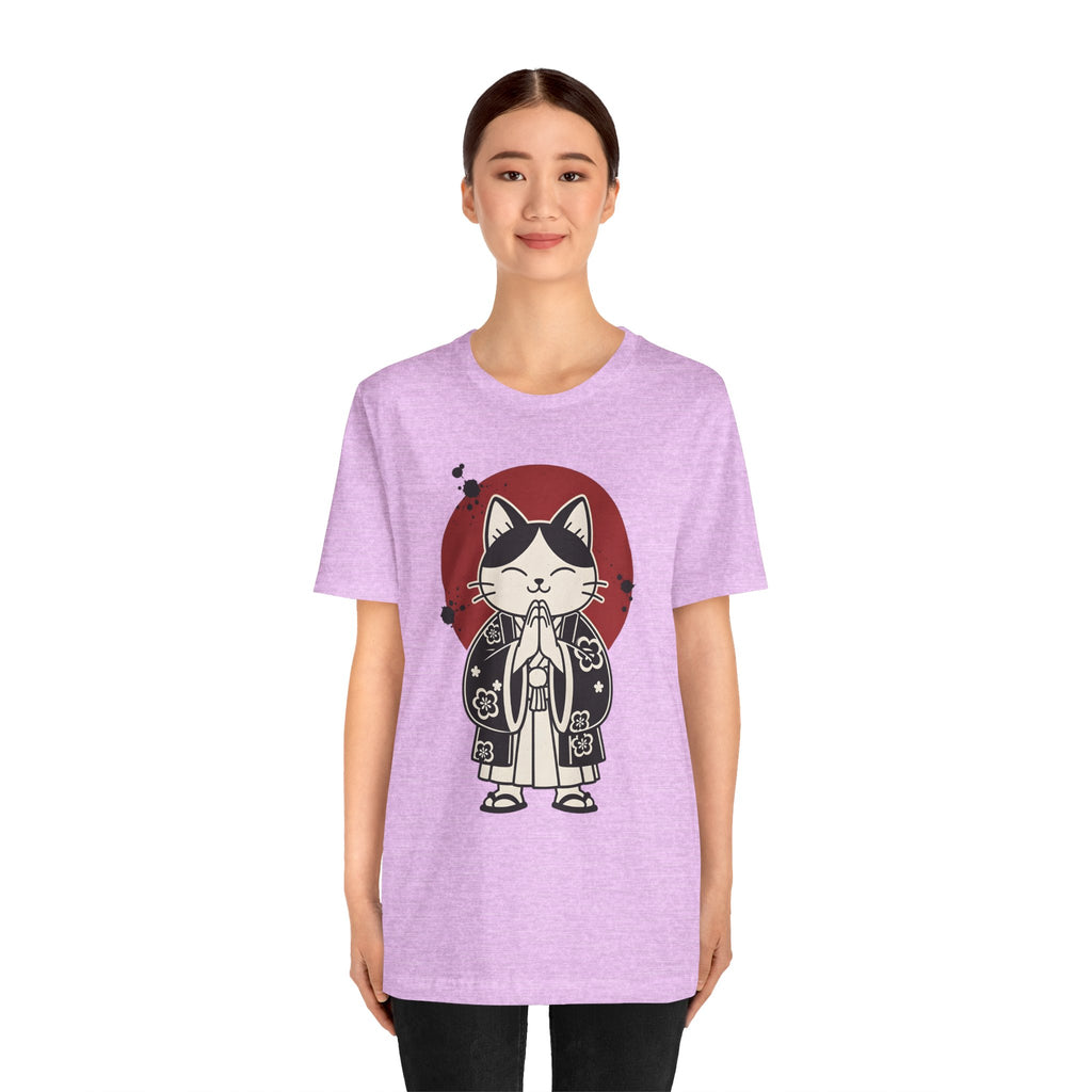 Samurai Cat T‑Shirt — Cute Praying Cat with Red Sun Graphic