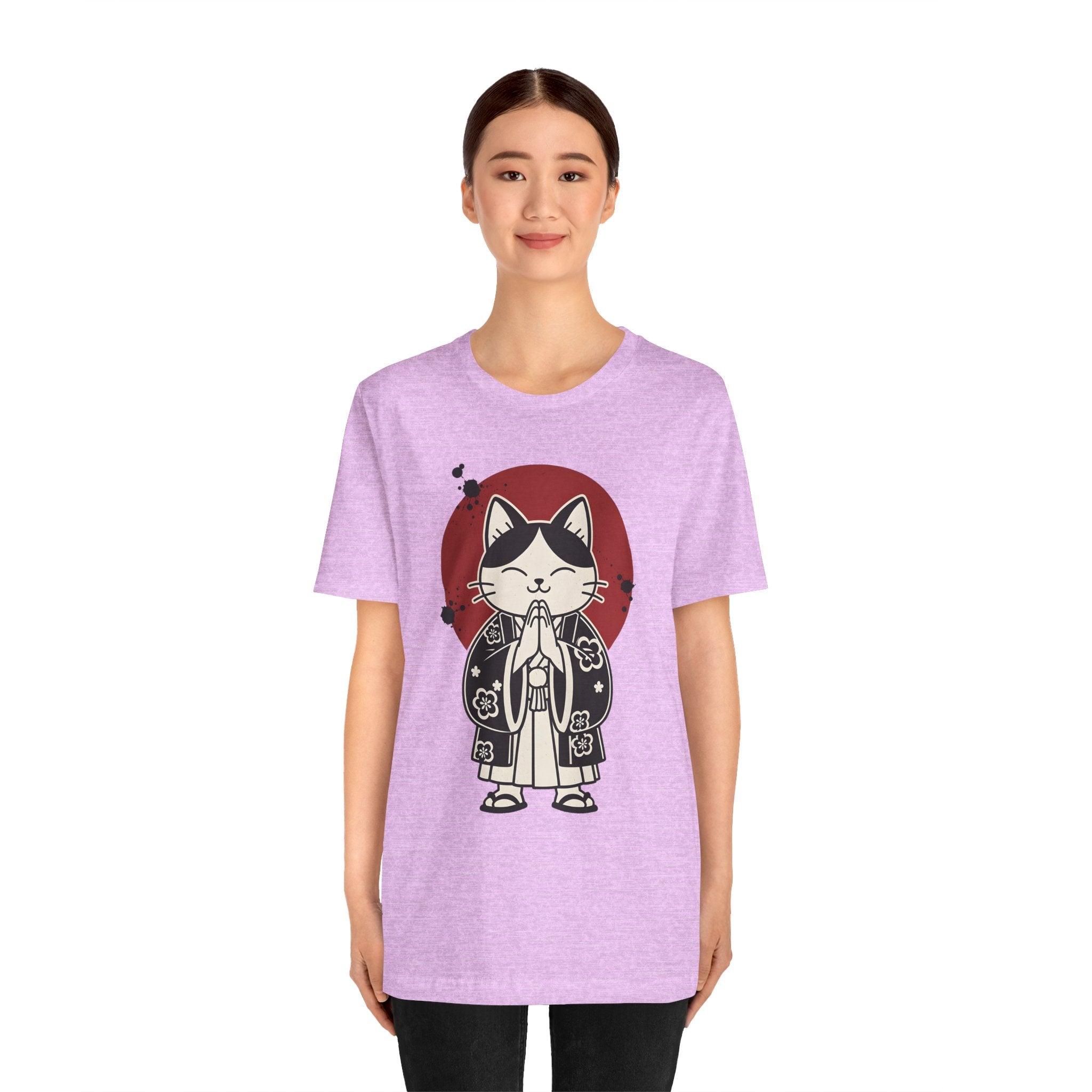 Samurai Cat T‑Shirt — Cute Praying Cat with Red Sun Graphic