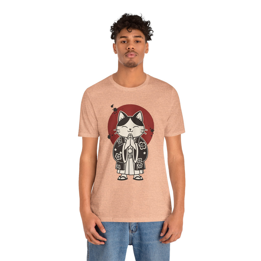 Samurai Cat T‑Shirt — Cute Praying Cat with Red Sun Graphic