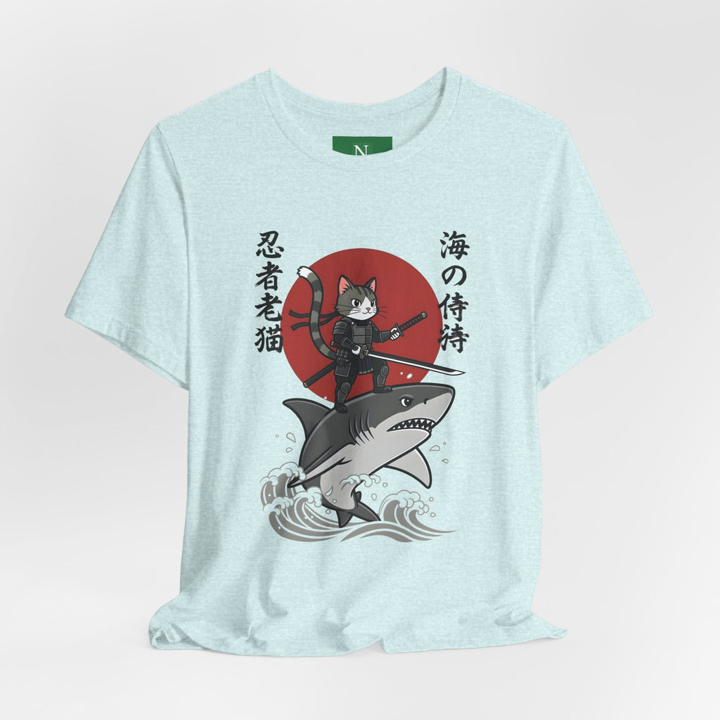 Ninja Cat Riding Shark T‑Shirt — Japanese Samurai Style Graphic Tee