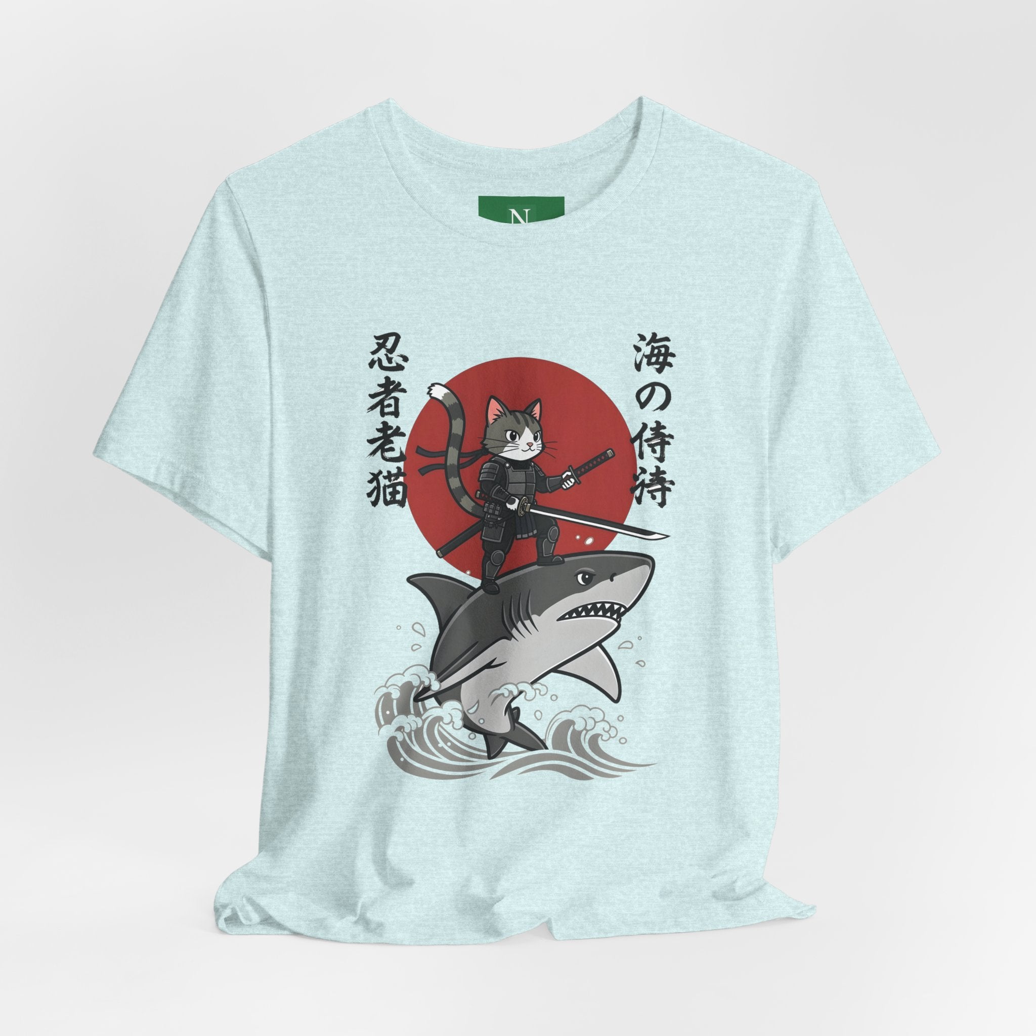 Ninja Cat Riding Shark T‑Shirt — Japanese Samurai Style Graphic Tee
