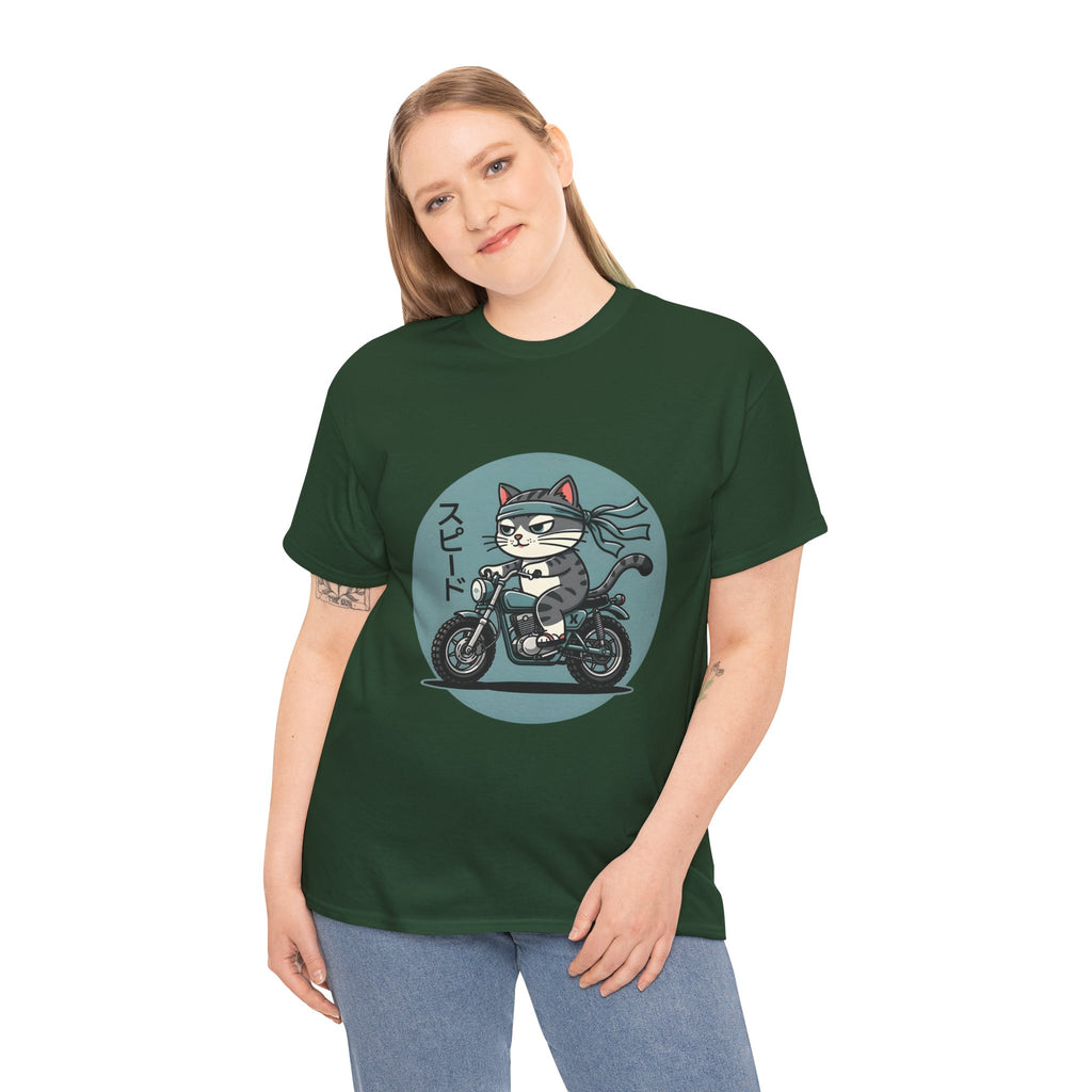 Cat Biker T‑Shirt — Retro Motorcycle Cat with Japanese “Speed” Text