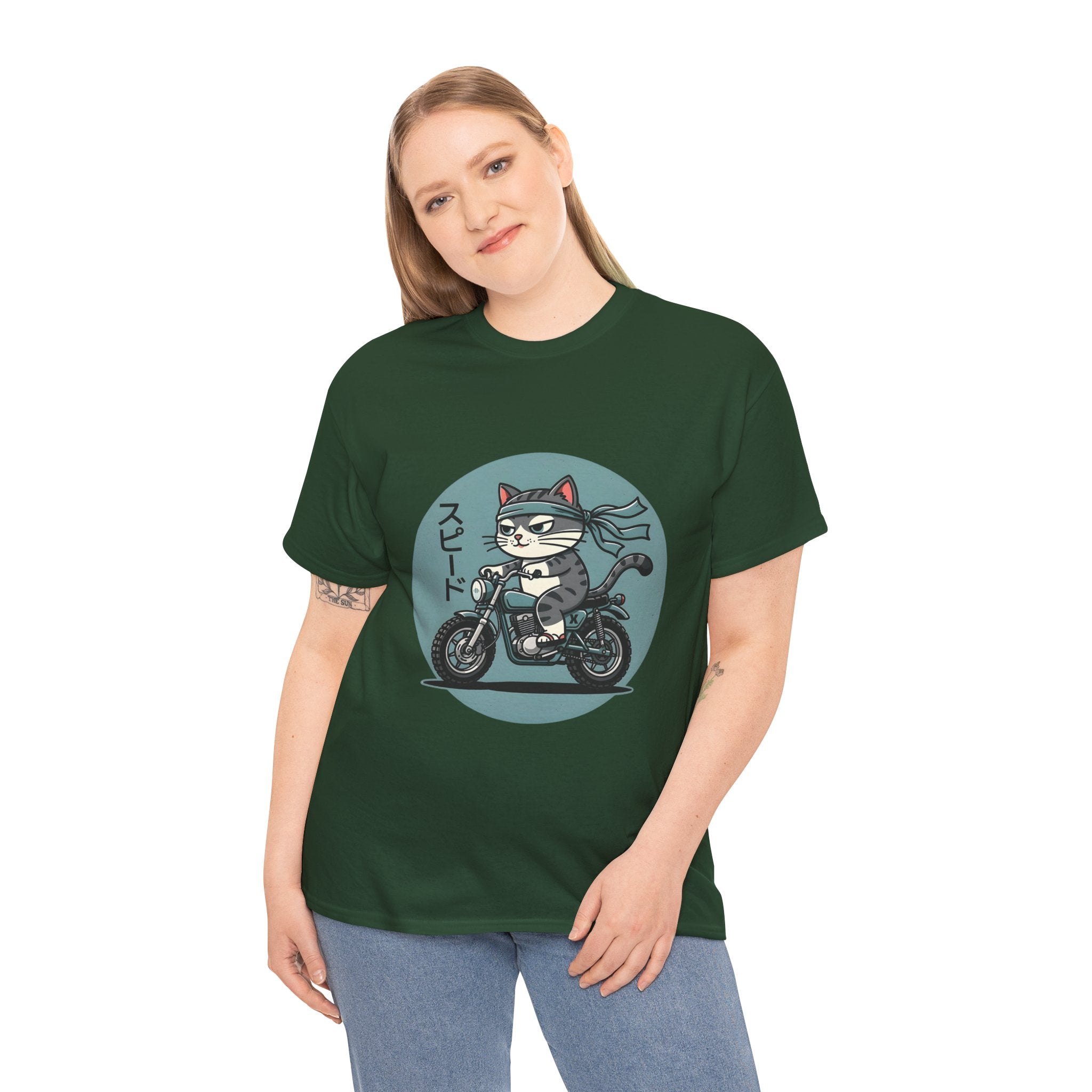 Cat Biker T‑Shirt — Retro Motorcycle Cat with Japanese “Speed” Text
