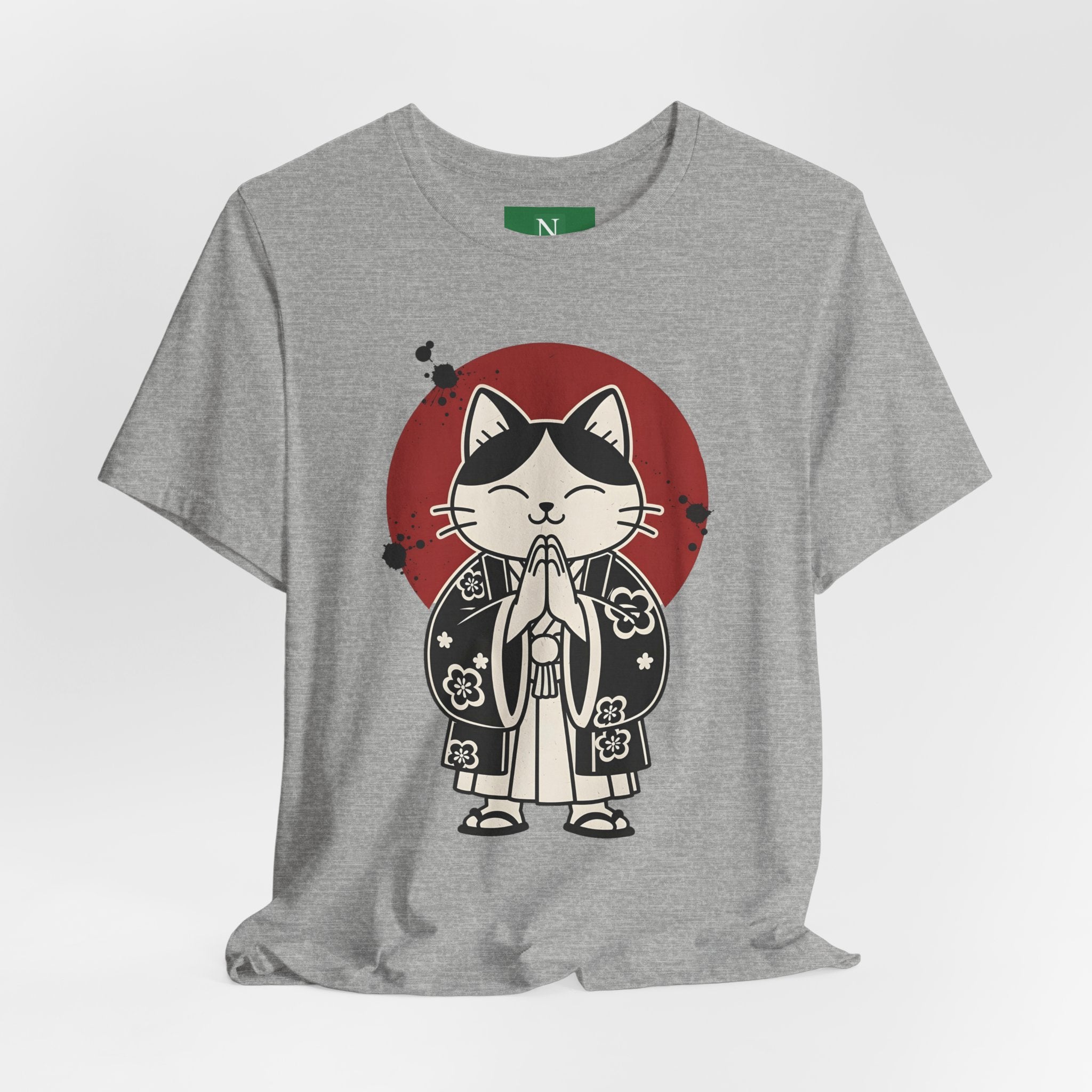 Samurai Cat T‑Shirt — Cute Praying Cat with Red Sun Graphic