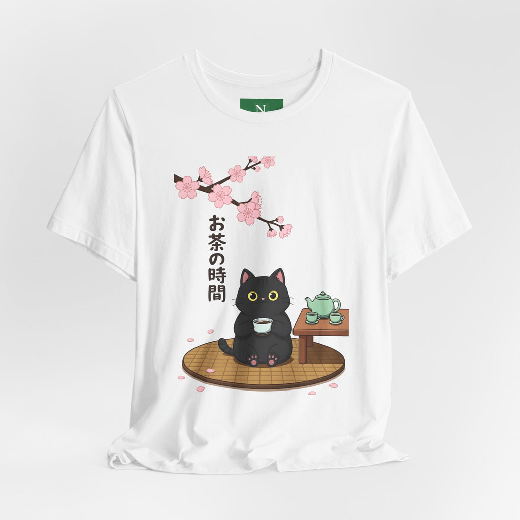 Cat Tea Time T-Shirt — Kawaii Black Cat with Sakura and Teapot