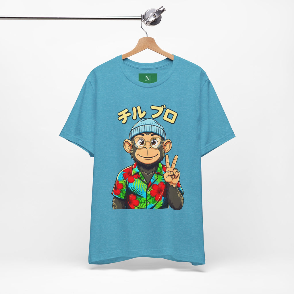 Monkey Peace Sign Tee — Hawaiian Shirt Chimp Graphic with Japanese Text