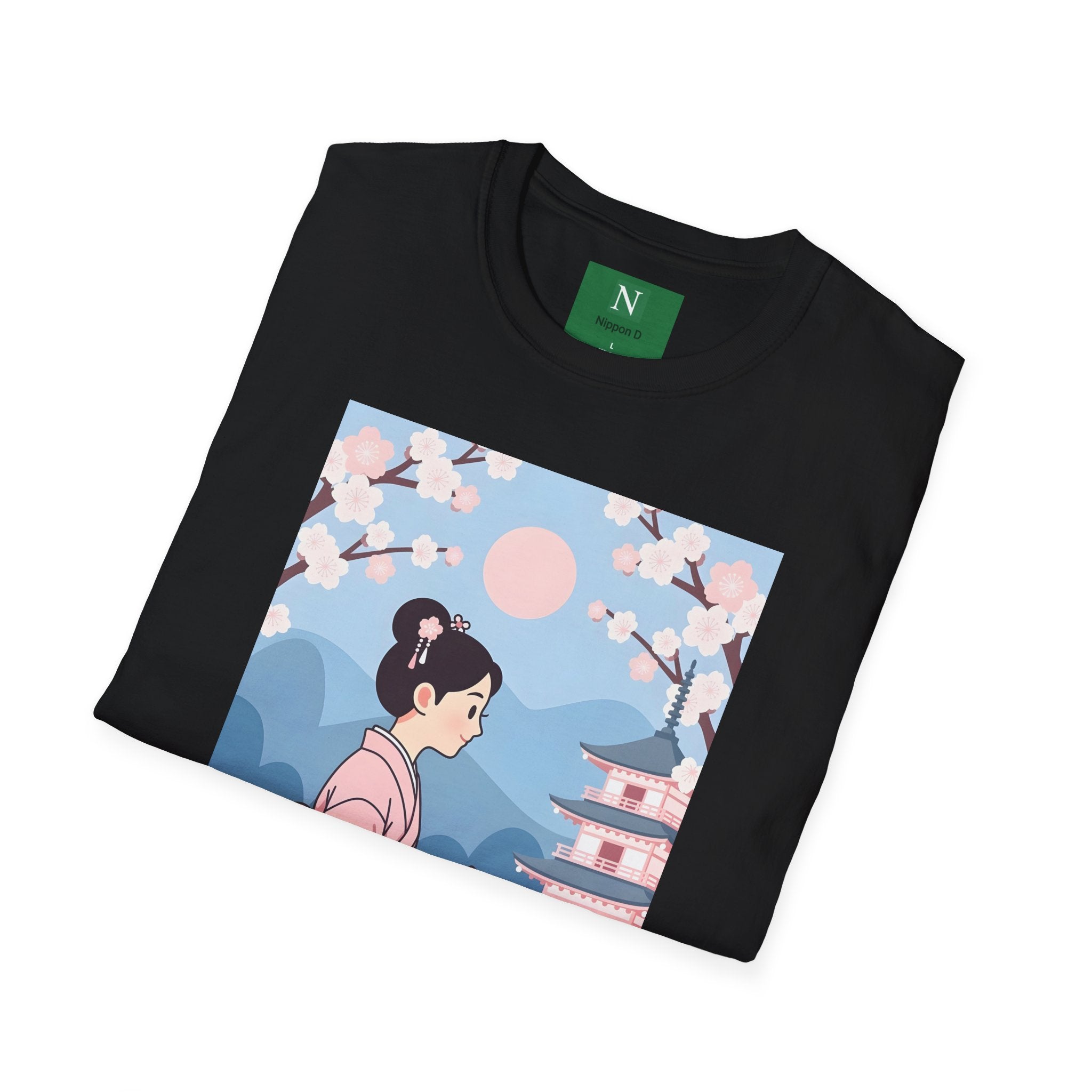 Cherry Blossom Geisha Tee — Japanese Girl & Cat Graphic T-Shirt