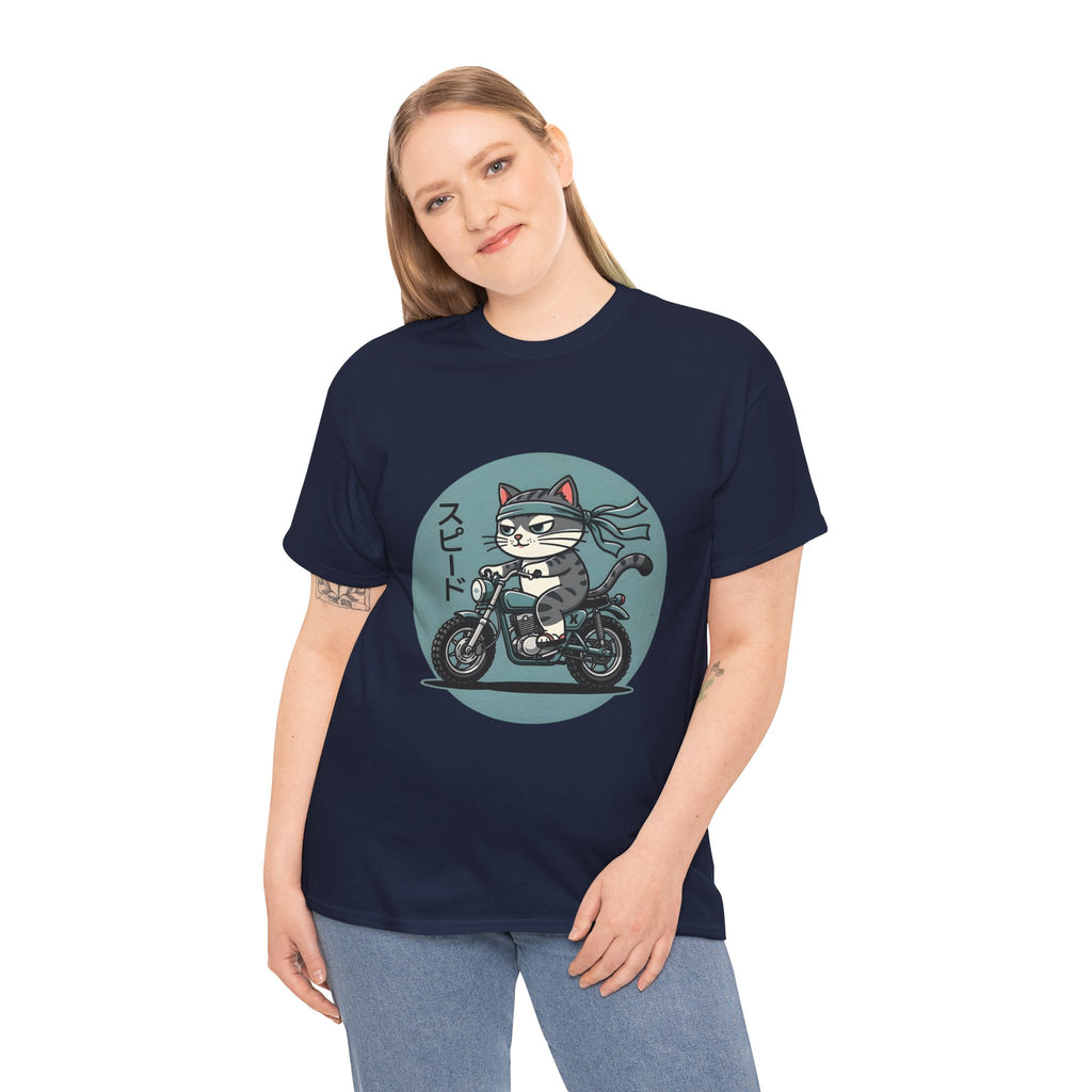 Cat Biker T‑Shirt — Retro Motorcycle Cat with Japanese “Speed” Text