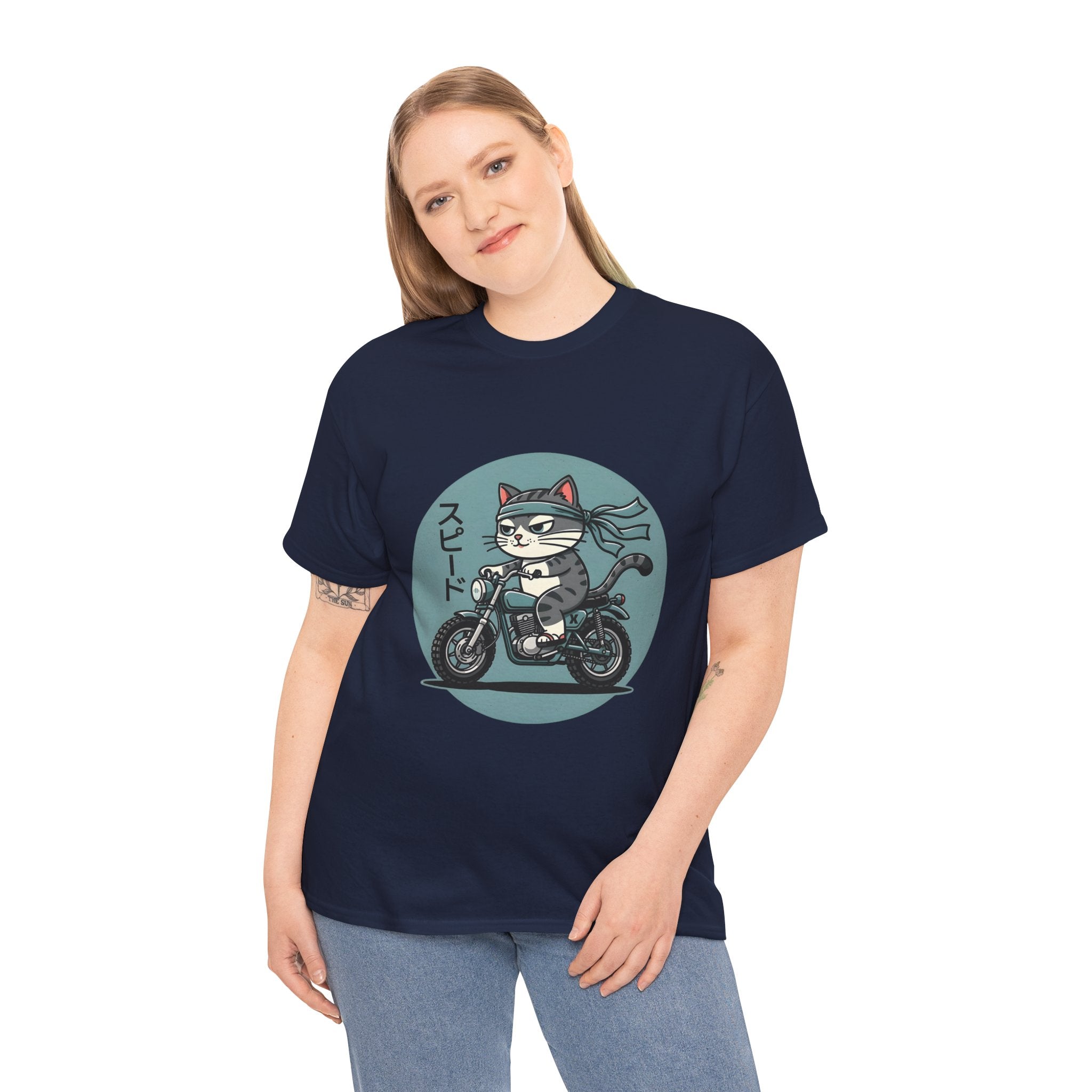 Cat Biker T‑Shirt — Retro Motorcycle Cat with Japanese “Speed” Text