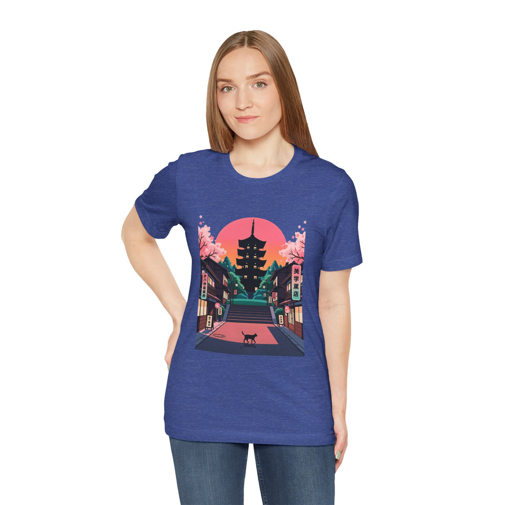 Japanese Pagoda Sunset Tee — Sakura Street Cat Graphic T-Shirt