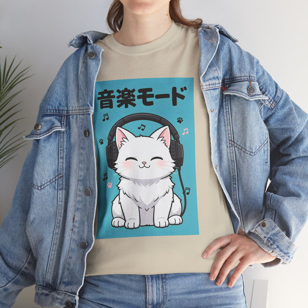 Music Mode Cat T-Shirt — Cute Headphone Kitten Tee (Japanese Text)