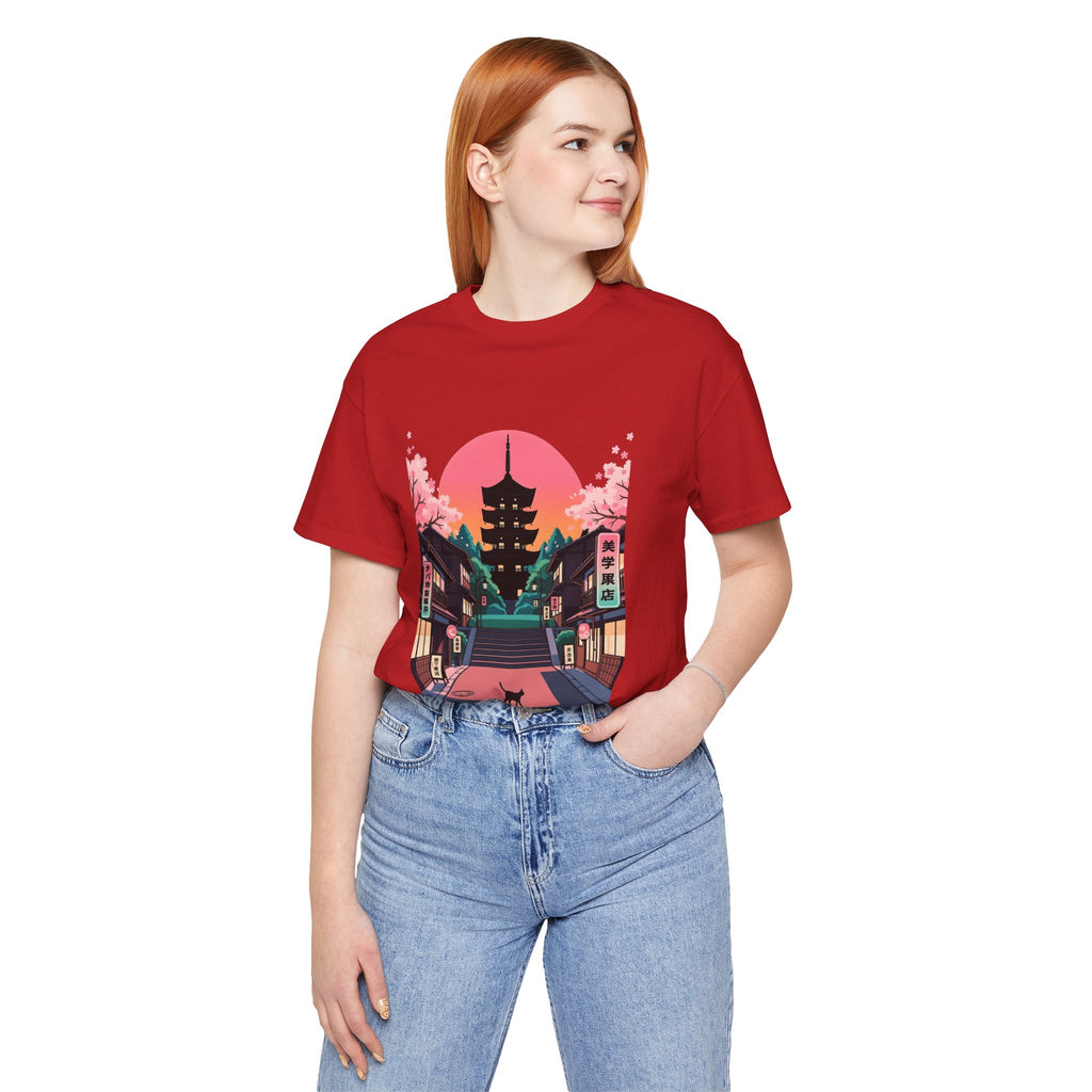 Japanese Pagoda Sunset Tee — Sakura Street Cat Graphic T-Shirt