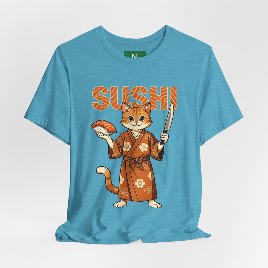 Sushi Cat Graphic Tee — Cute Samurai Cat Holding Sushi & Knife