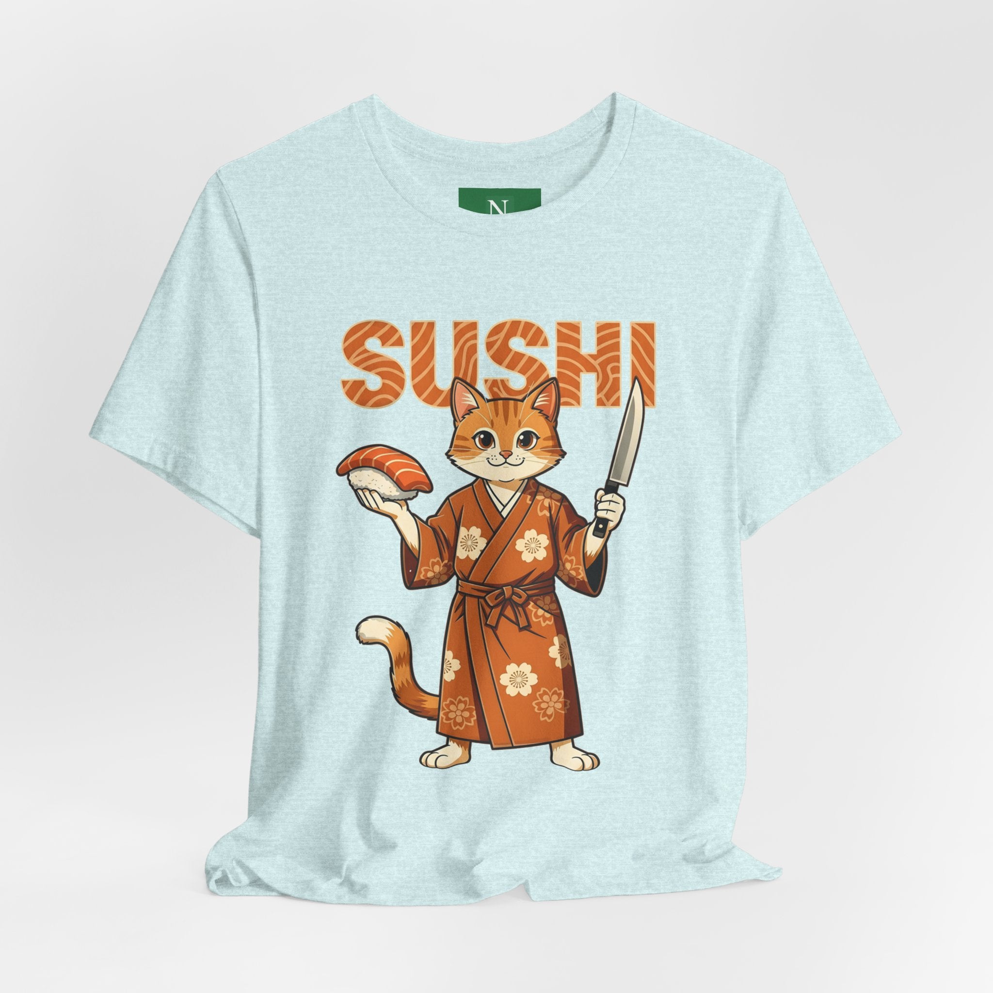 Sushi Cat Graphic Tee — Cute Samurai Cat Holding Sushi & Knife