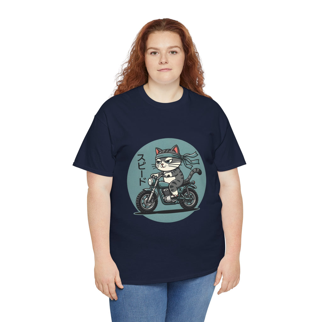 Cat Biker T‑Shirt — Retro Motorcycle Cat with Japanese “Speed” Text