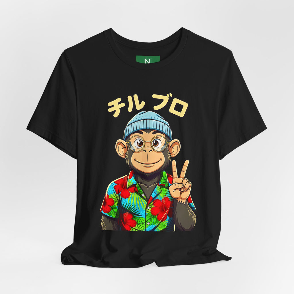 Monkey Peace Sign Tee — Hawaiian Shirt Chimp Graphic with Japanese Text
