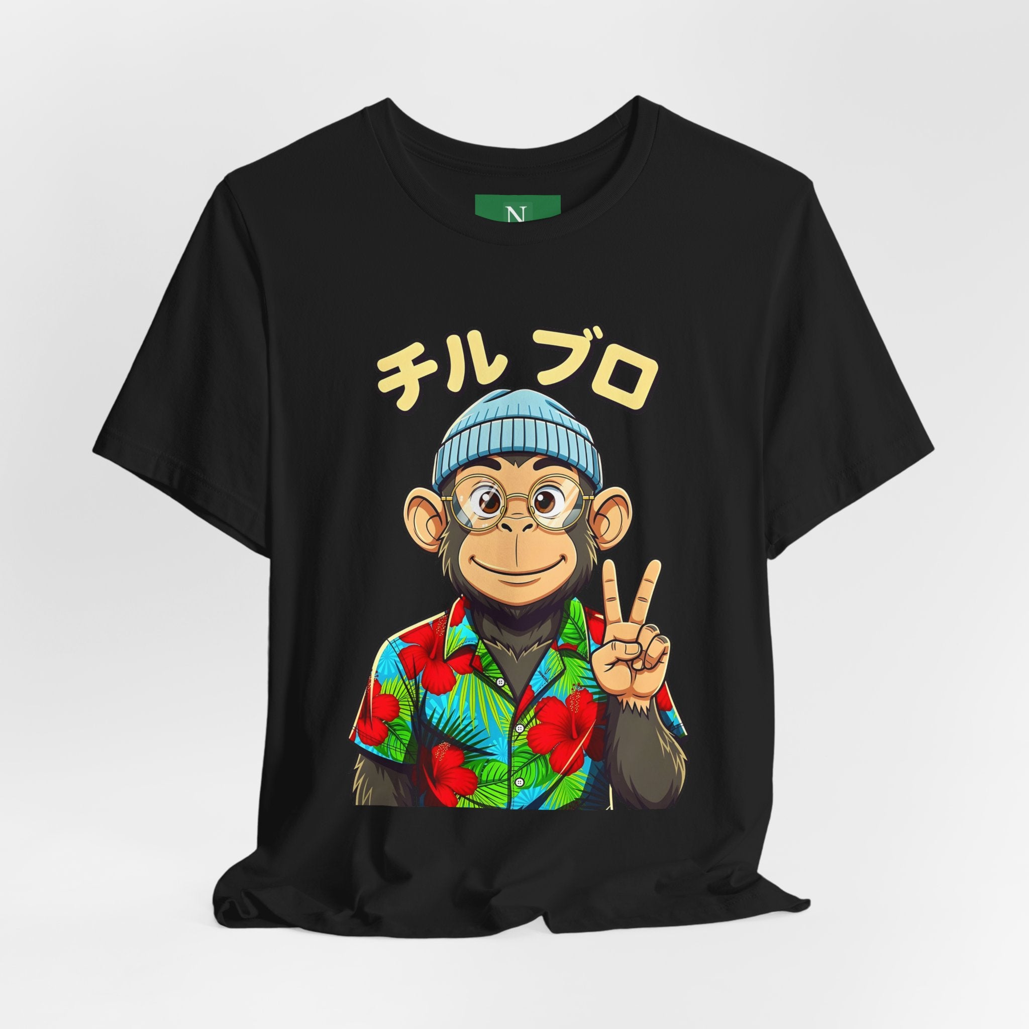 Monkey Peace Sign Tee — Hawaiian Shirt Chimp Graphic with Japanese Text