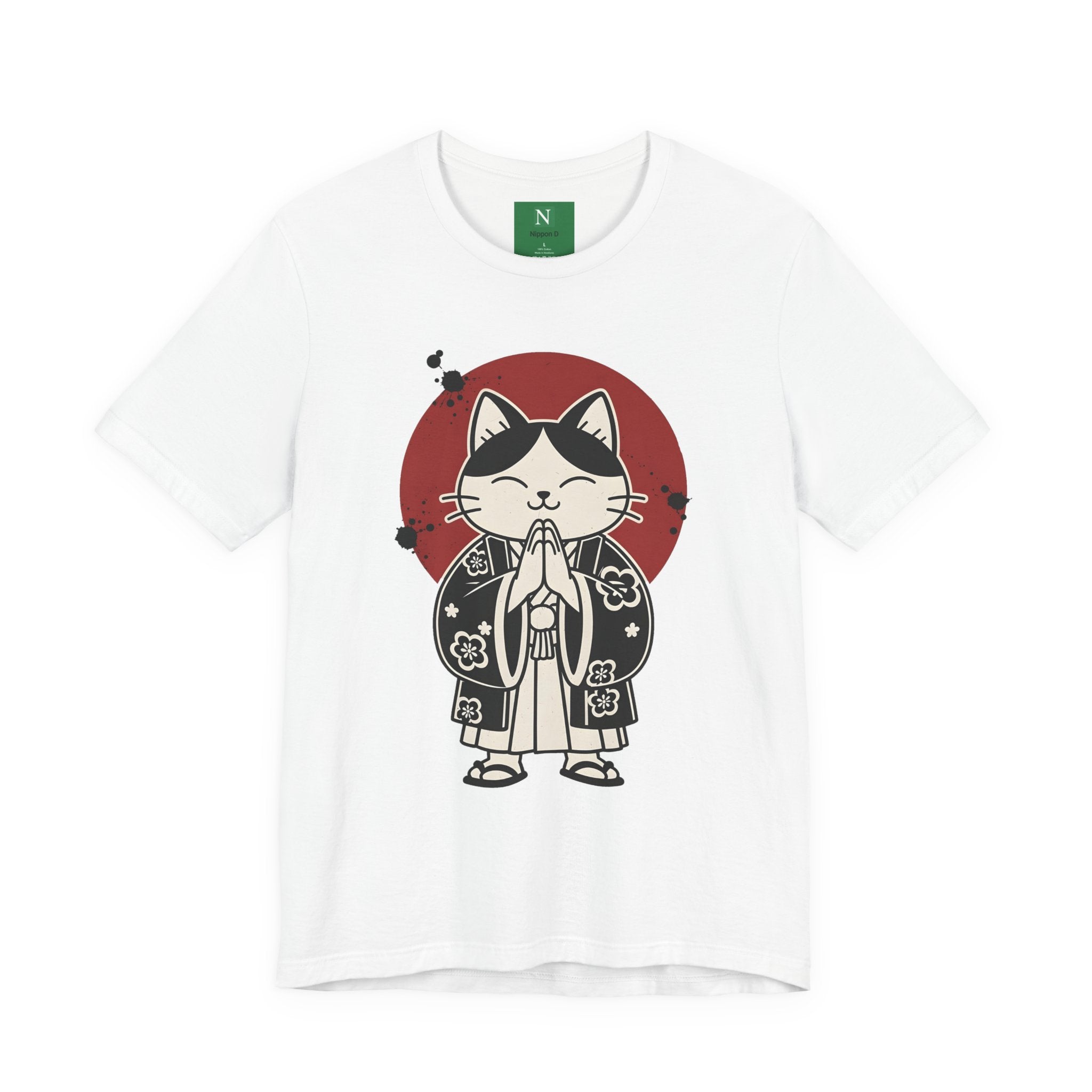 Samurai Cat T‑Shirt — Cute Praying Cat with Red Sun Graphic