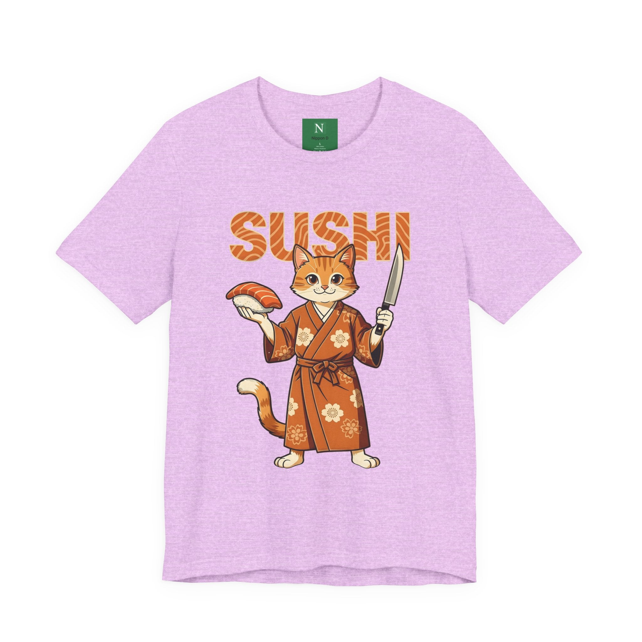 Sushi Cat Graphic Tee — Cute Samurai Cat Holding Sushi & Knife