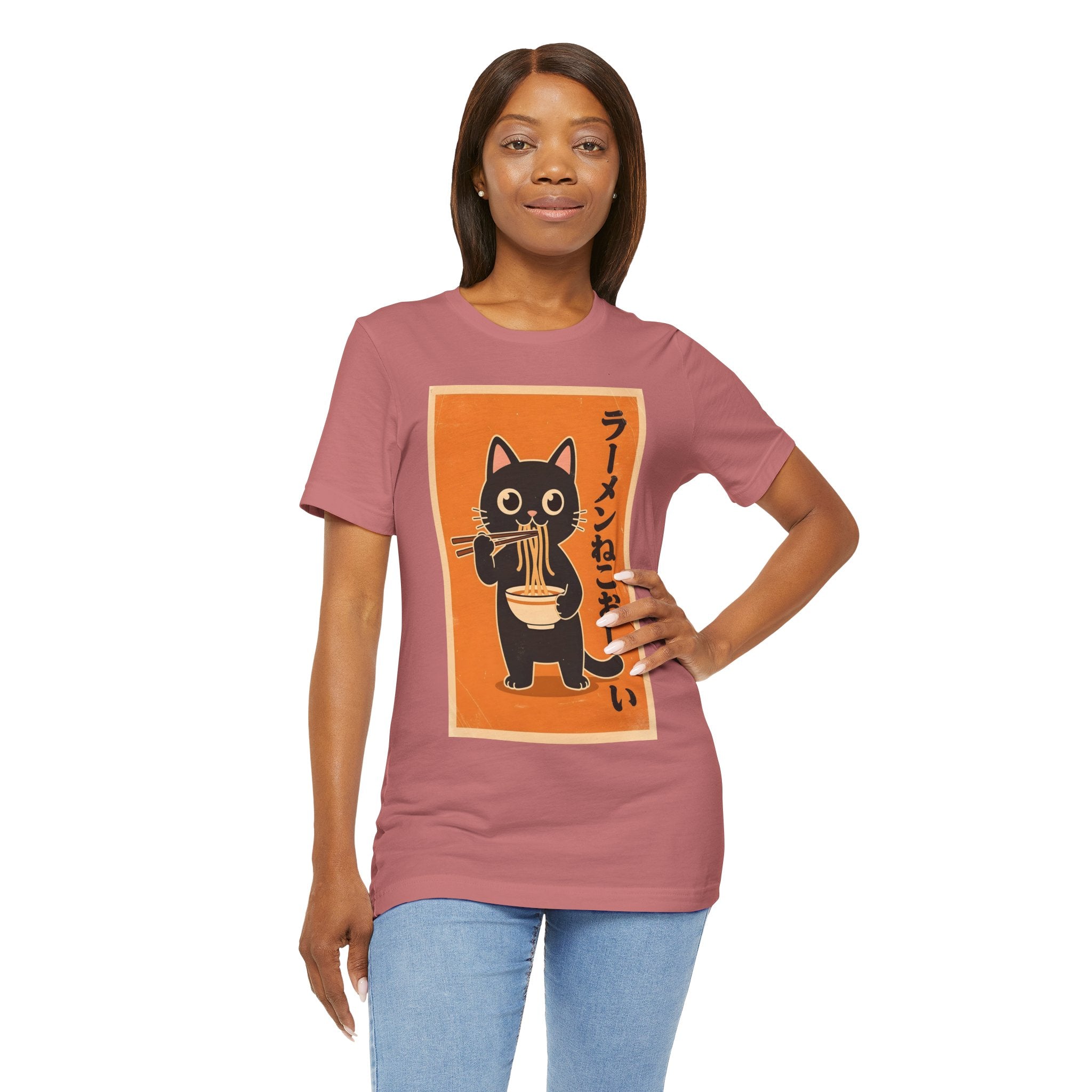 Ramen Cat Graphic Tee — Cute Black Cat Eating Ramen Japanese Text Shirt