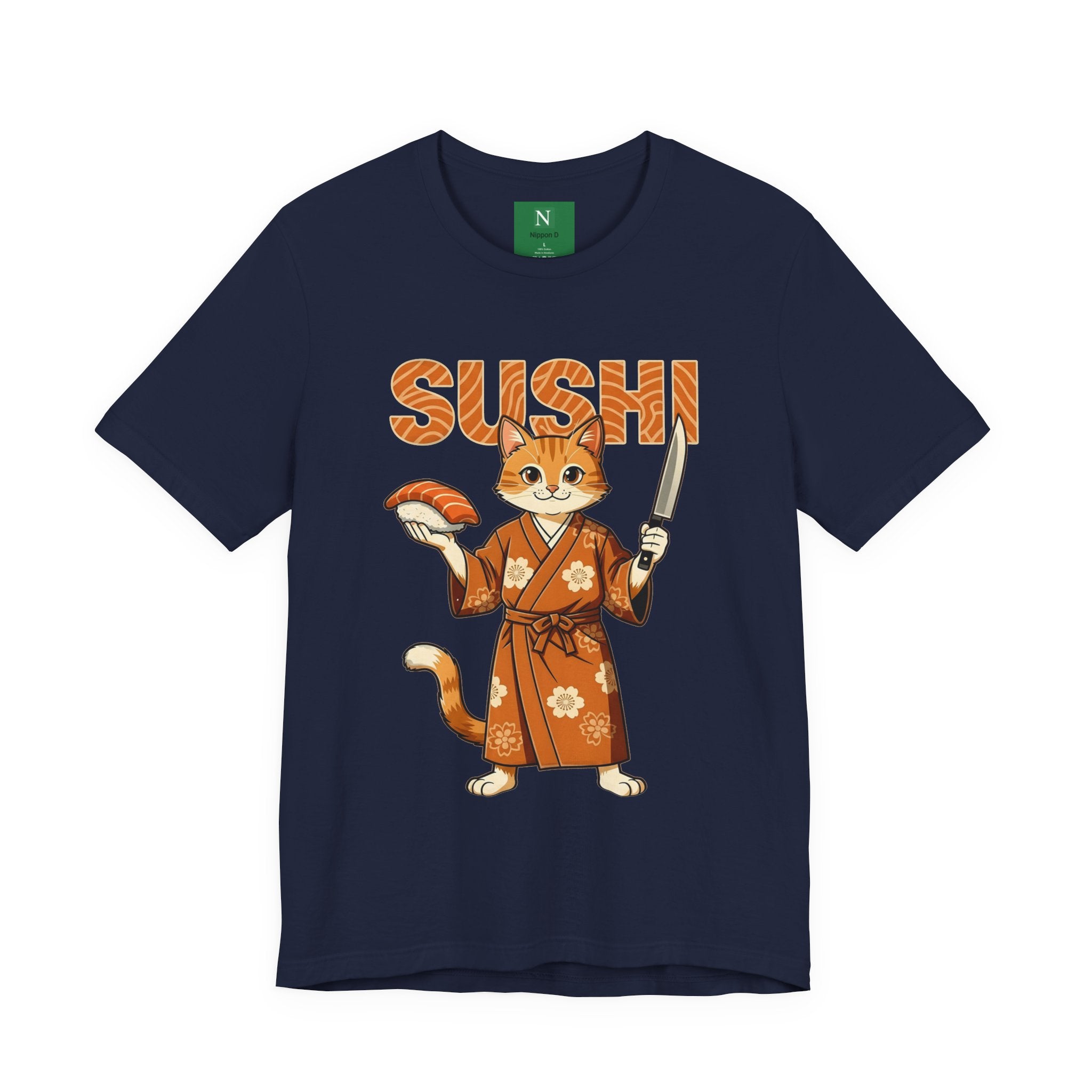 Sushi Cat Graphic Tee — Cute Samurai Cat Holding Sushi & Knife