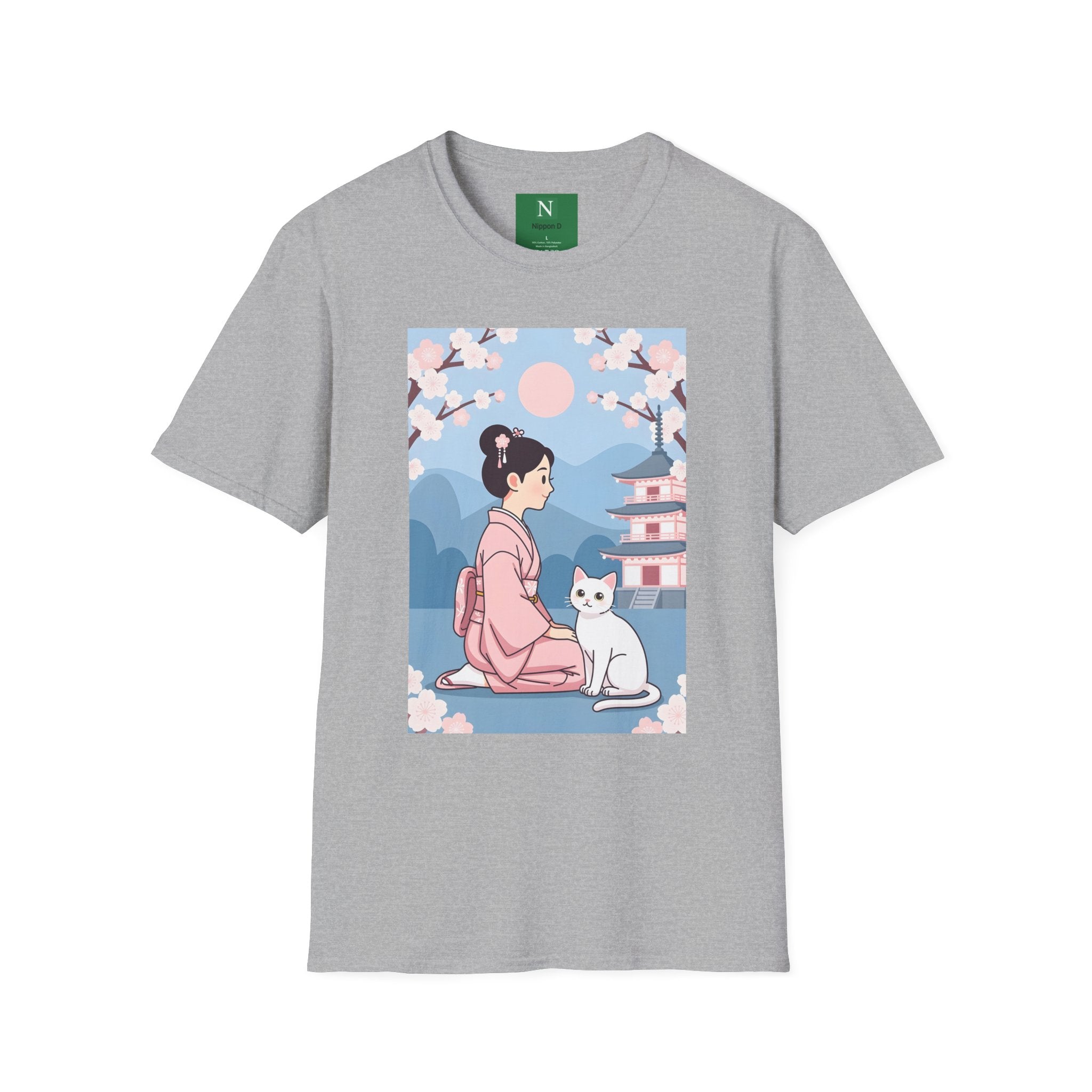 Cherry Blossom Geisha Tee — Japanese Girl & Cat Graphic T-Shirt