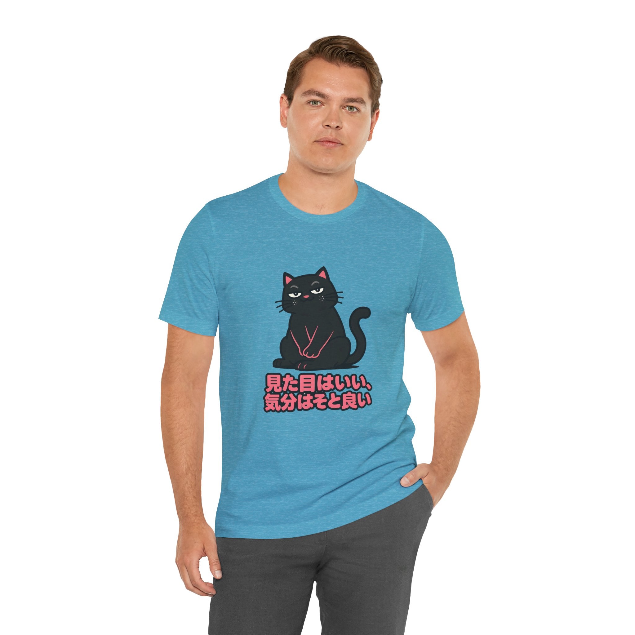 Black Cat Tee with Japanese Text — 'Mita Me wa Ii, Kimochi wa Sore Ijo' Cute Kawaii Graphic T-Shirt