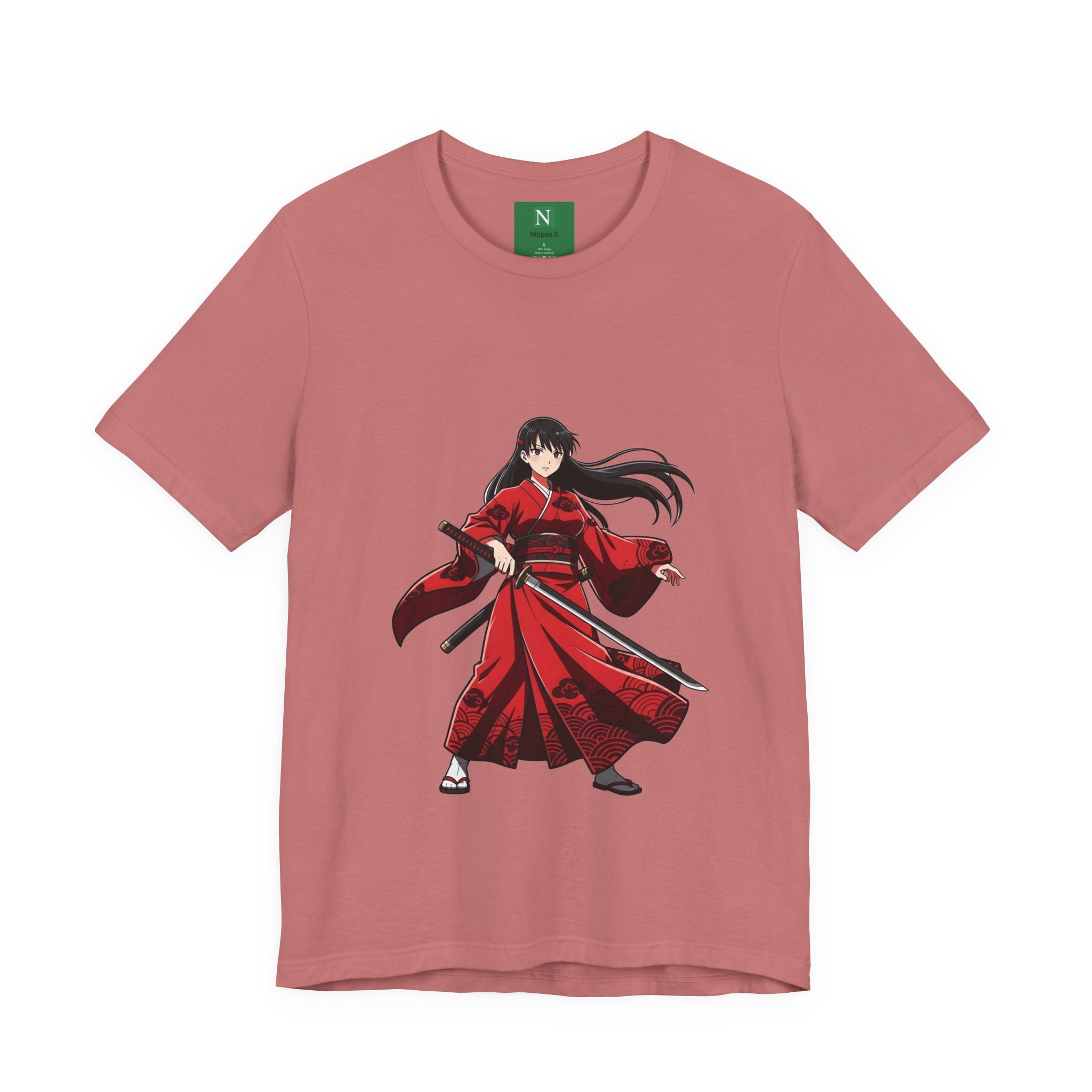 Anime Red Warrior T-Shirt — Female Swordswoman Illustration Tee