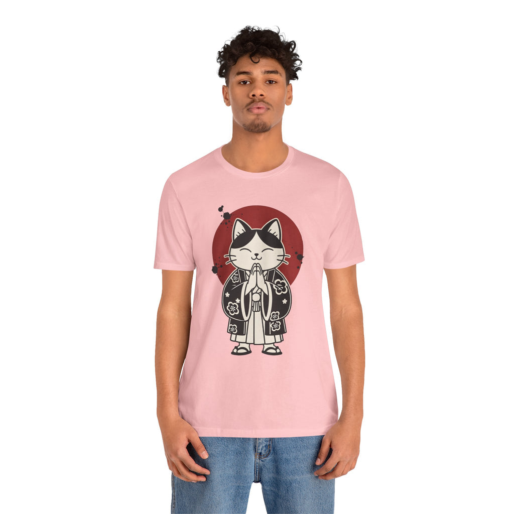 Samurai Cat T‑Shirt — Cute Praying Cat with Red Sun Graphic