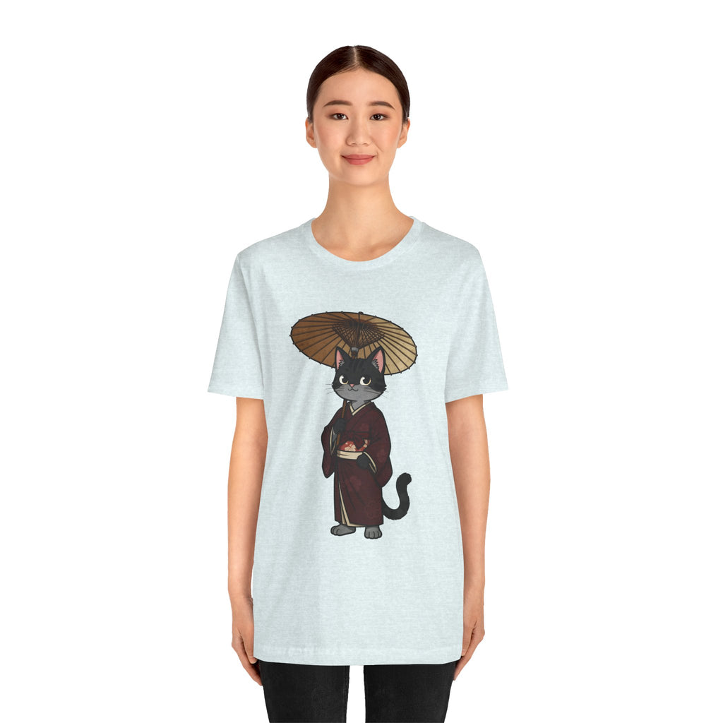 Geisha Cat Tee — Japanese Umbrella Cat Graphic T-Shirt