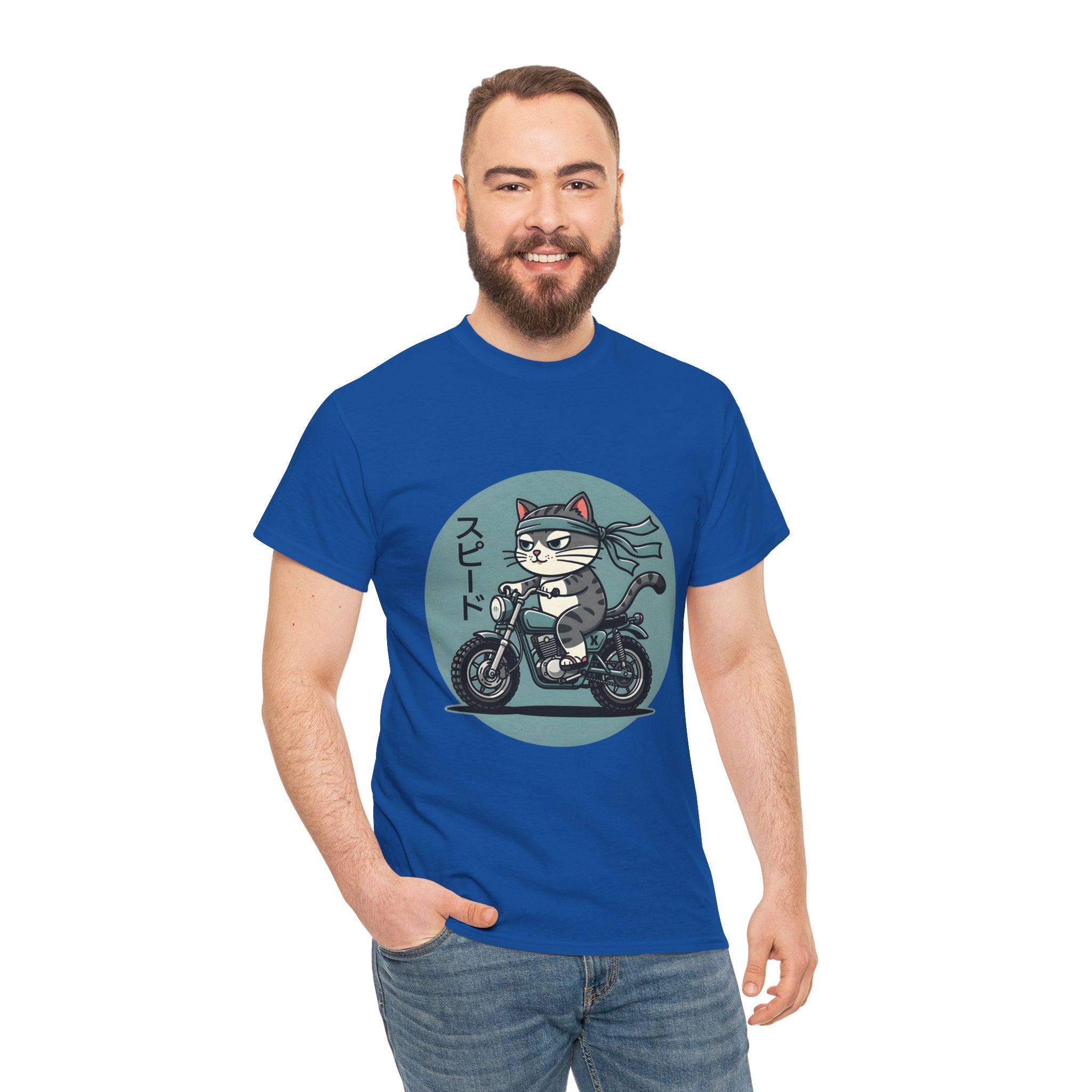Cat Biker T‑Shirt — Retro Motorcycle Cat with Japanese “Speed” Text